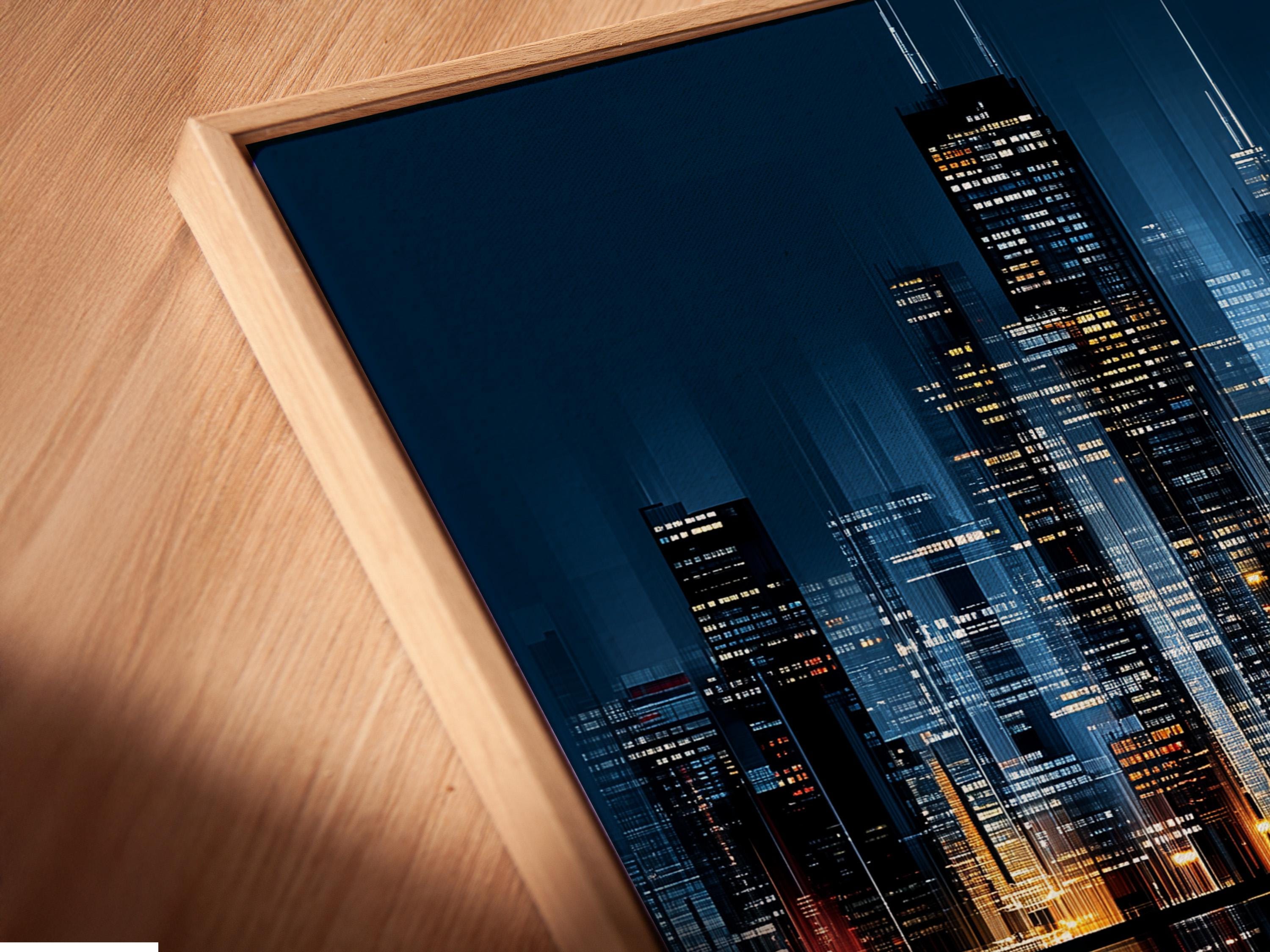 Night city skyline artwork in navy blue with illuminated buildings and reflections detail view