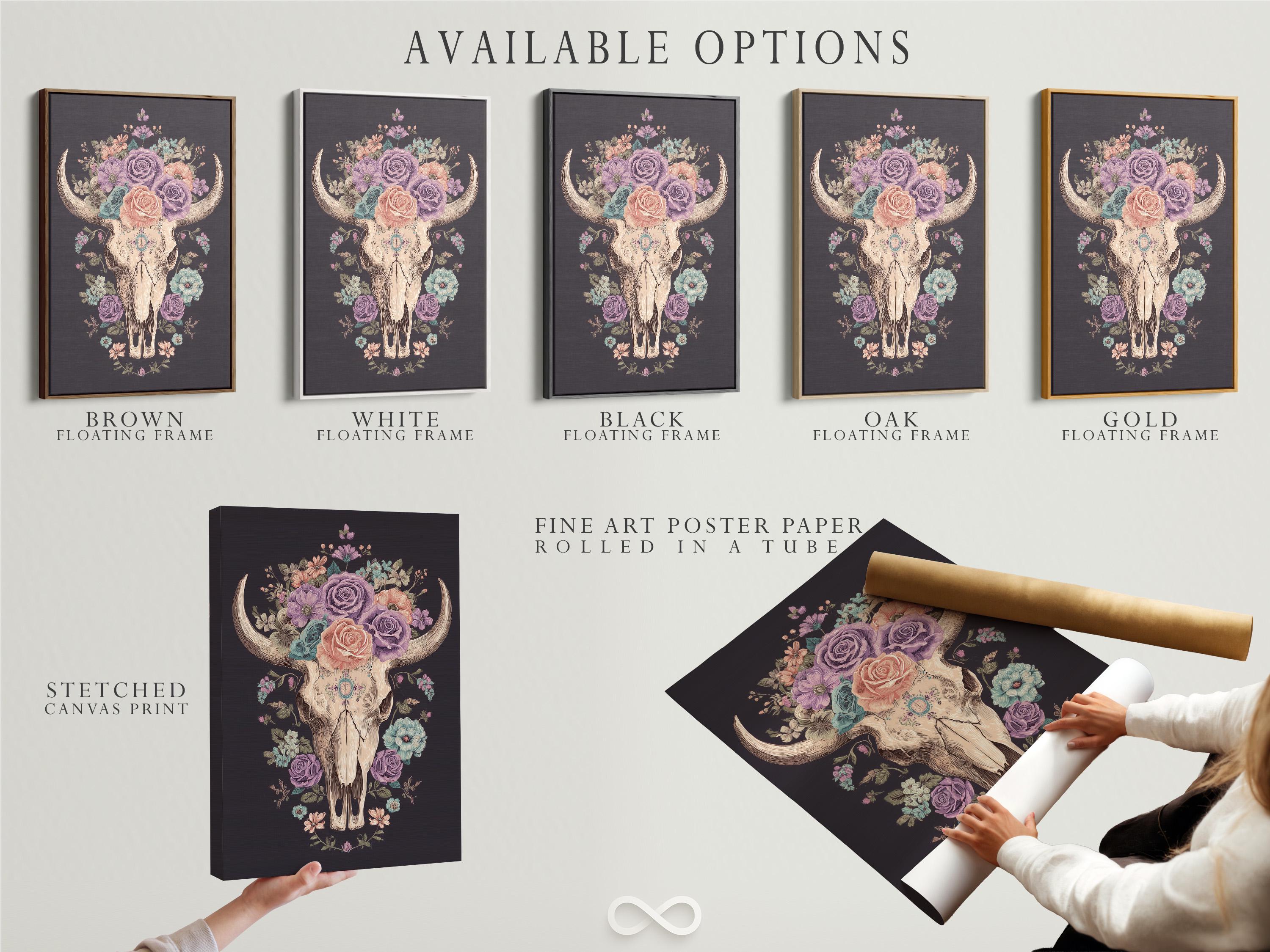 Pastel floral bull skull wall art with a rose crown and horns on a dark background detail view