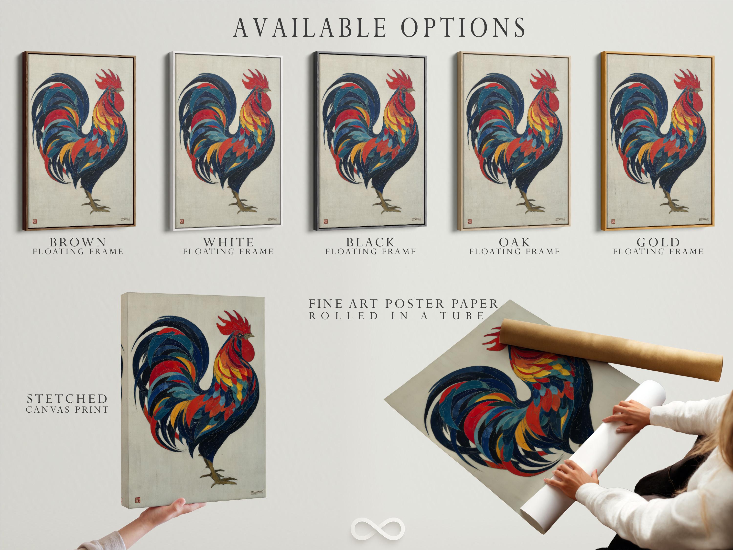 Colourful rooster illustration with layered red, blue and yellow feathers on an off-white background detail view