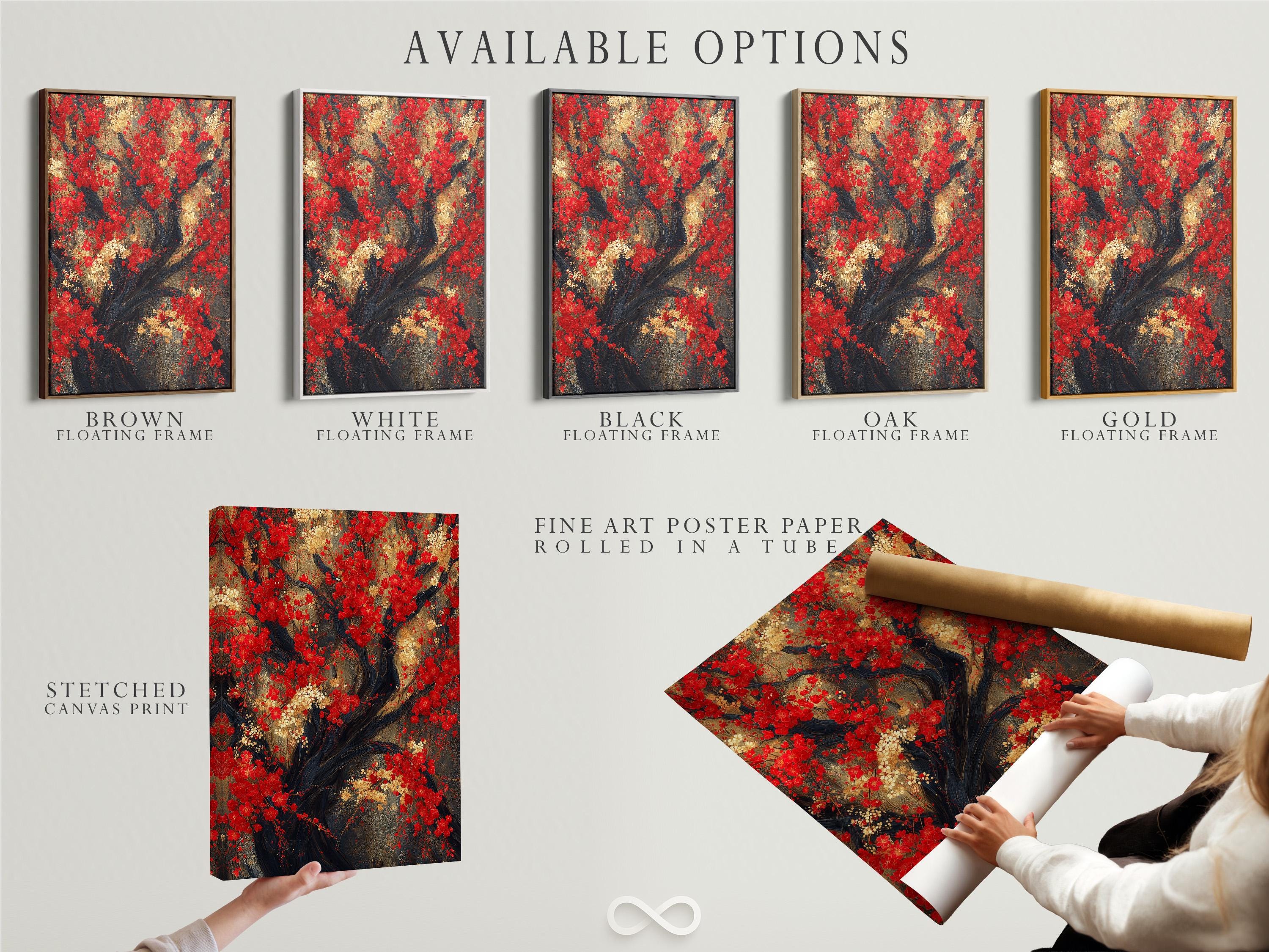 Red blossom tree artwork with dark branches and clusters of red, cream and gold flowers detail view