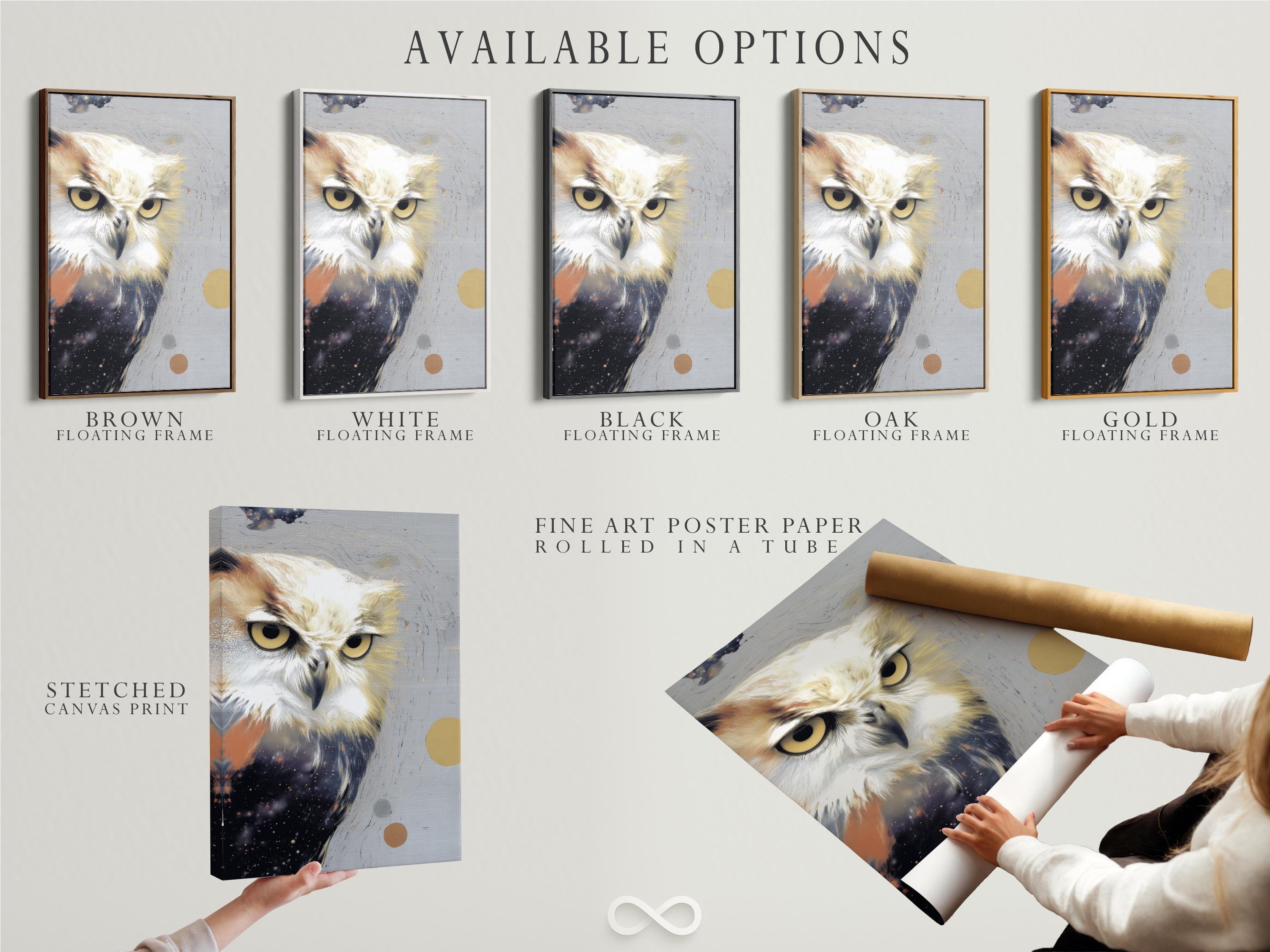 Stylised owl portrait with grey feathers, warm gold eyes, and speckled star-like background detail view