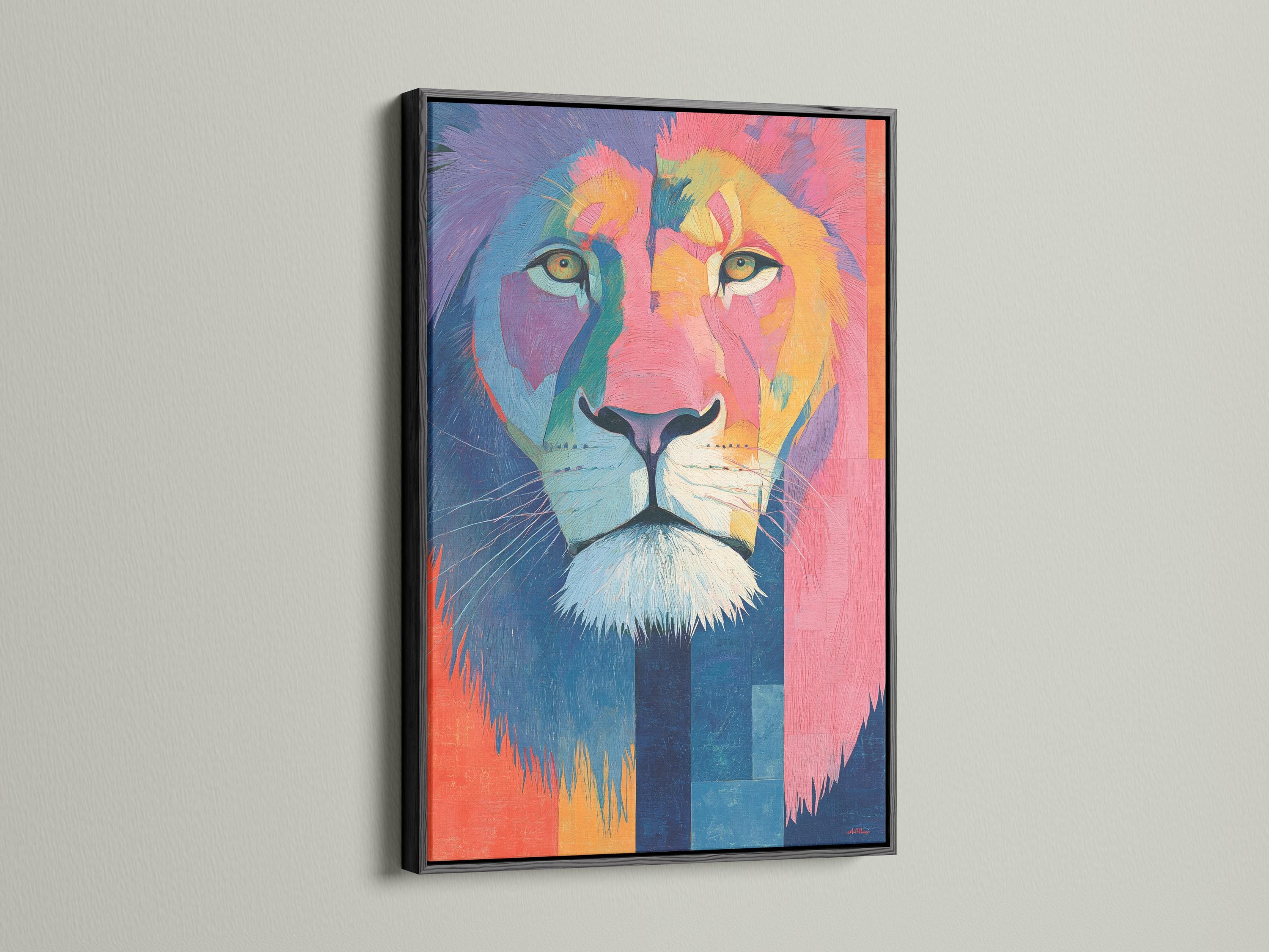 Lion wall art mockup with framed lion portrait in hot pink, blue and teal tones