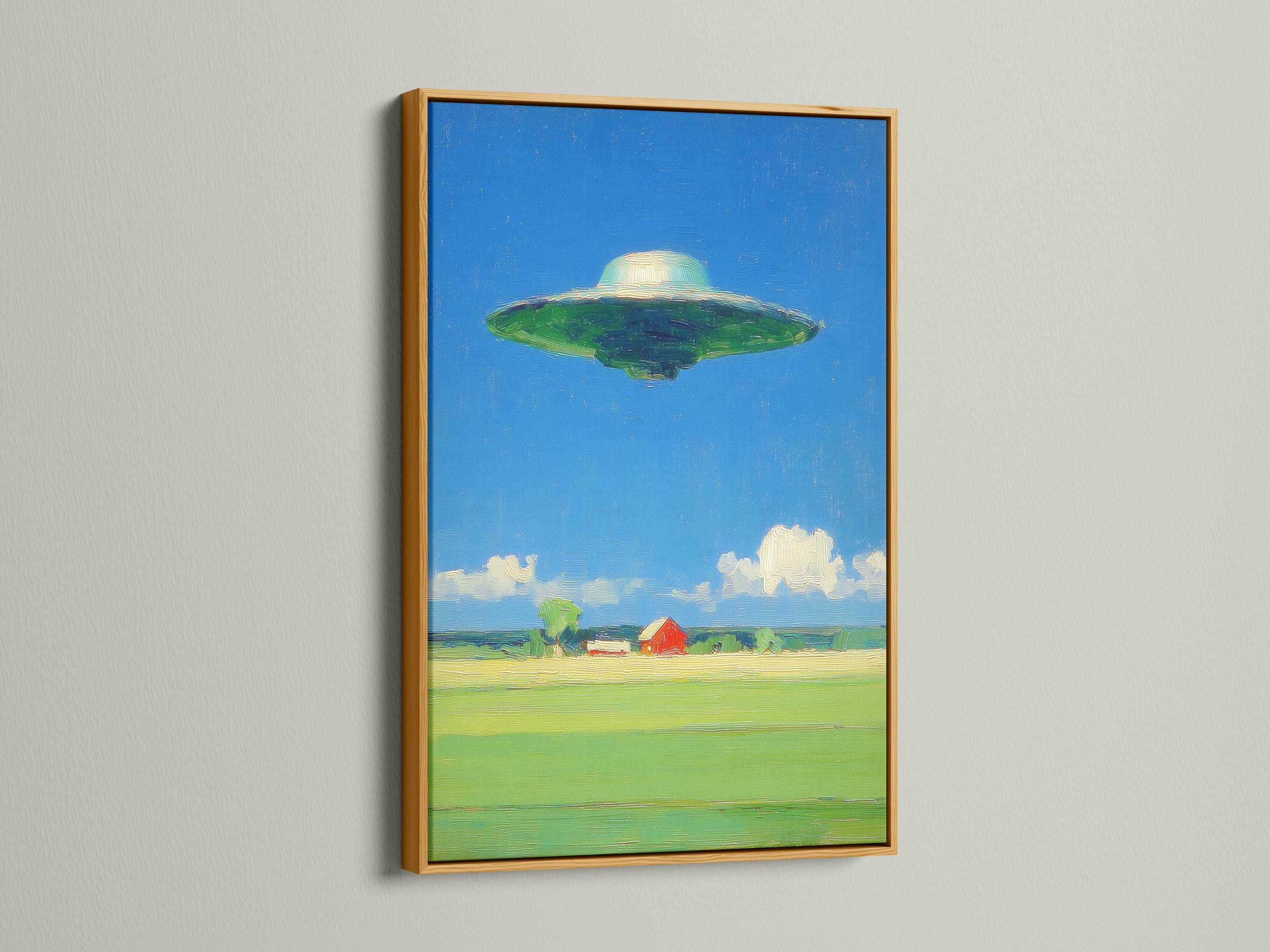 A retro sci‑fi landscape with a green flying saucer above a lime-green field and a red barn detail view