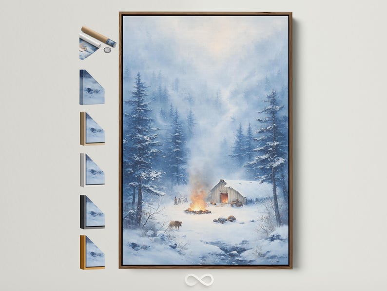 Snowy winter forest scene with a cabin and warm firelight among tall trees
