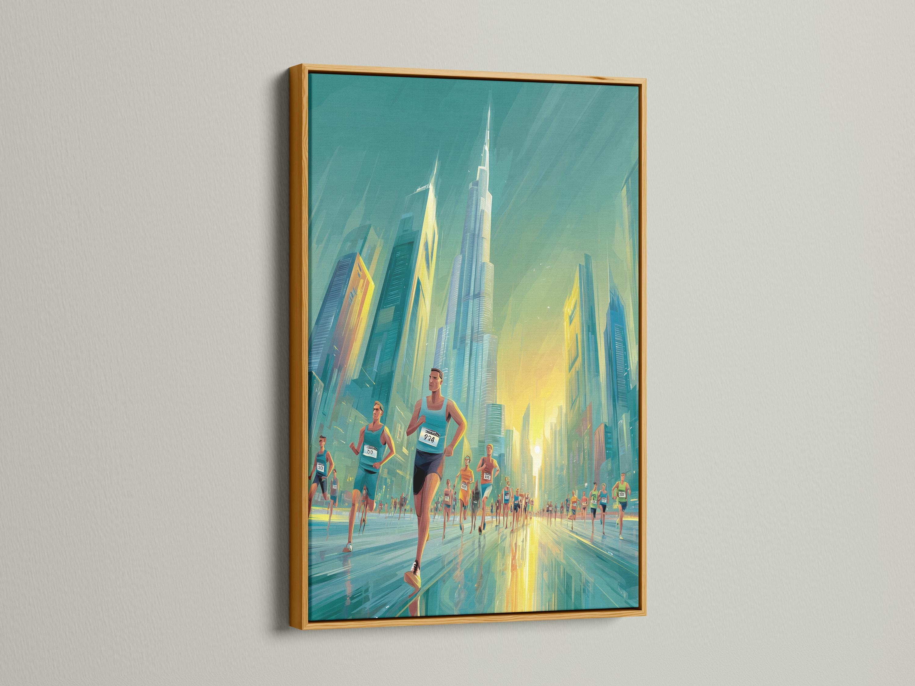 Teal and yellow marathon city scene with runners running between skyscrapers detail view