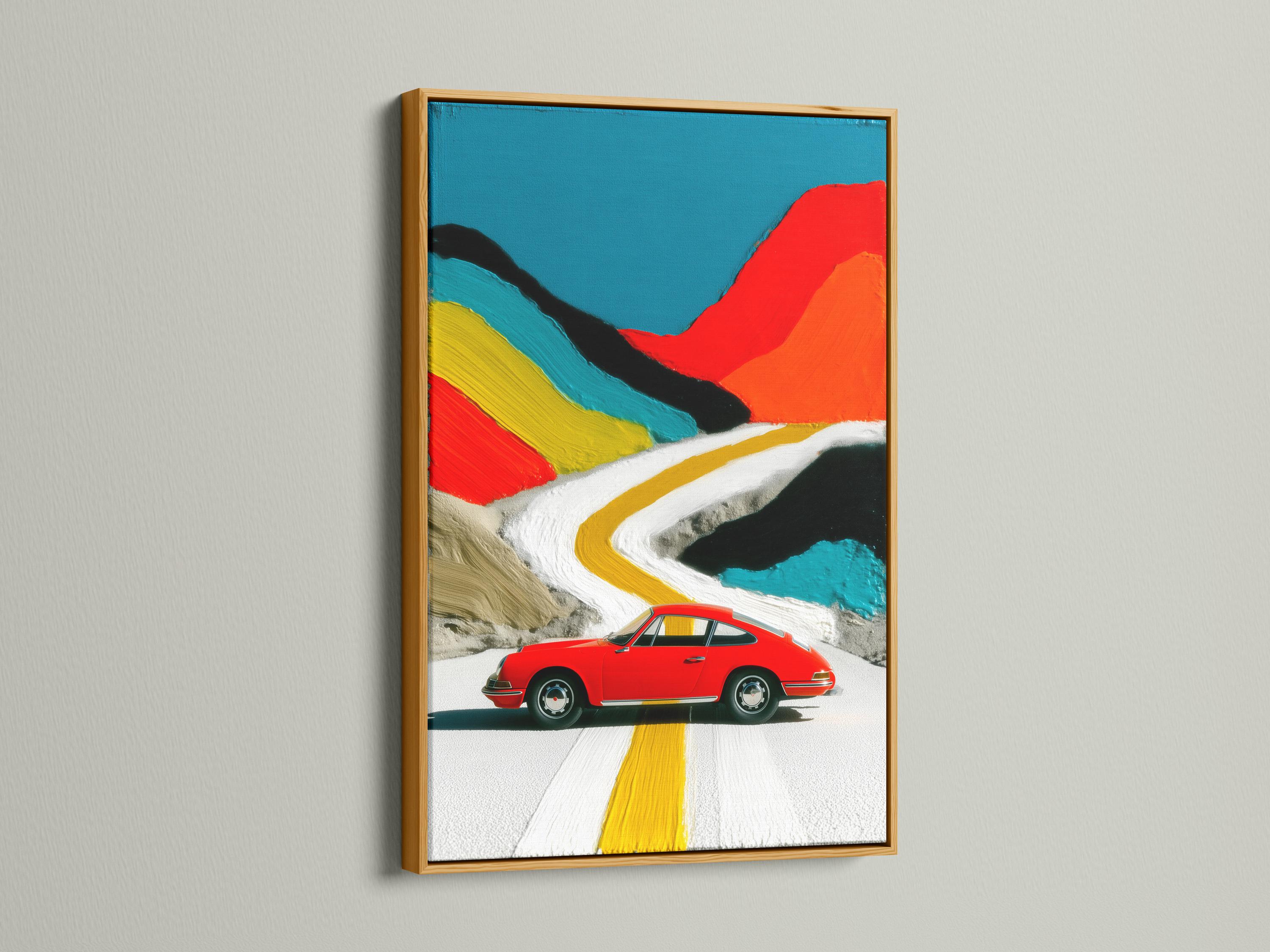 Red classic car on a winding white road with a yellow centre line and teal and red abstract backdrop detail view