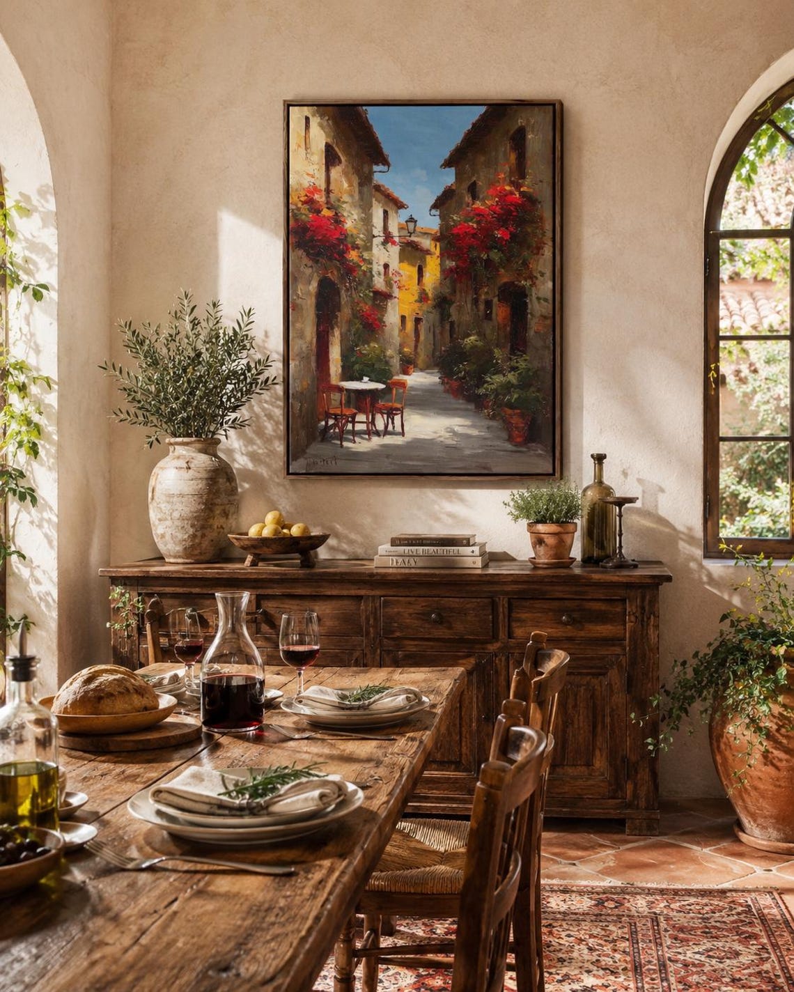 A sunlit alley scene with warm golden light, red flowering vines, and old European buildings leads the eye to a small table in the distance detail