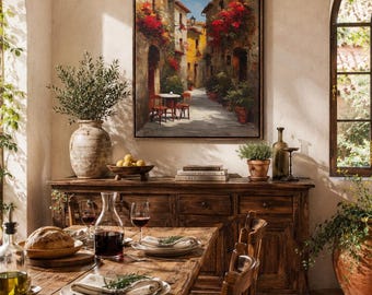 Italian Village Canvas Art - Sunlit Alley Scene, Red Flowers