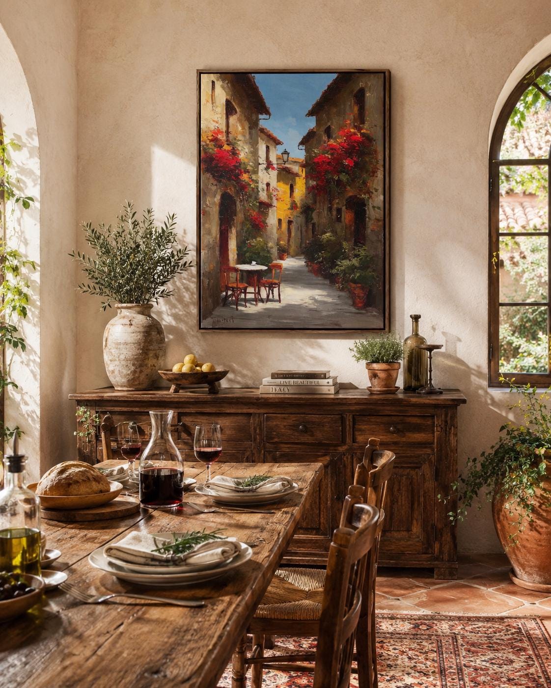A sunlit alley scene with warm golden light, red flowering vines, and old European buildings leads the eye to a small table in the distance detail