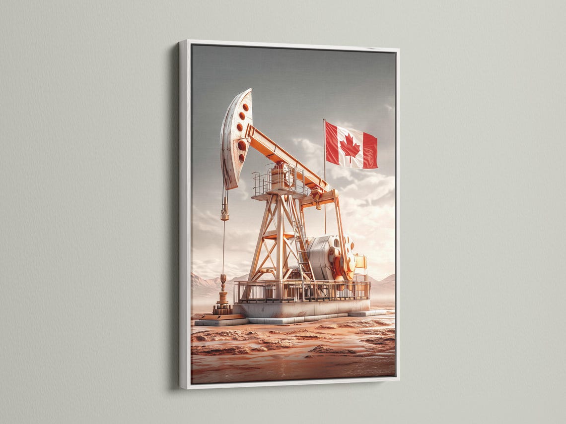 Oil derrick in a desert landscape with a waving red Canada flag detail view