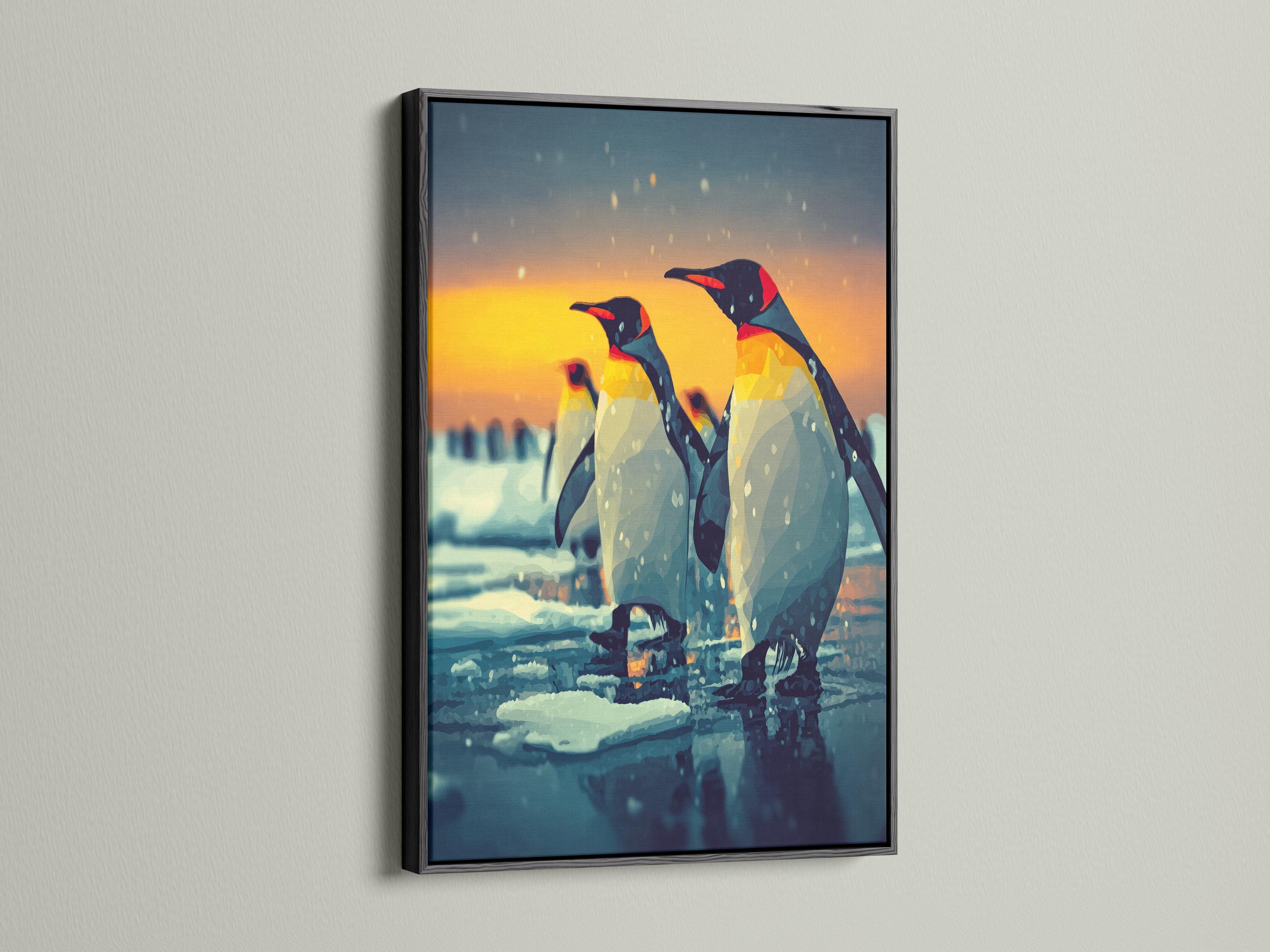 Two stylised penguins standing on an icy landscape under a sunset sky detail view