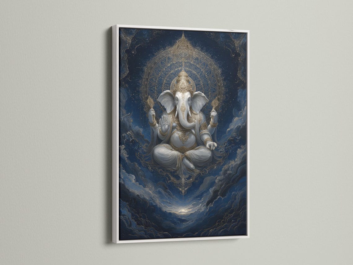 Indigo and gold seated elephant-headed deity with ornate halo and swirling clouds detail view