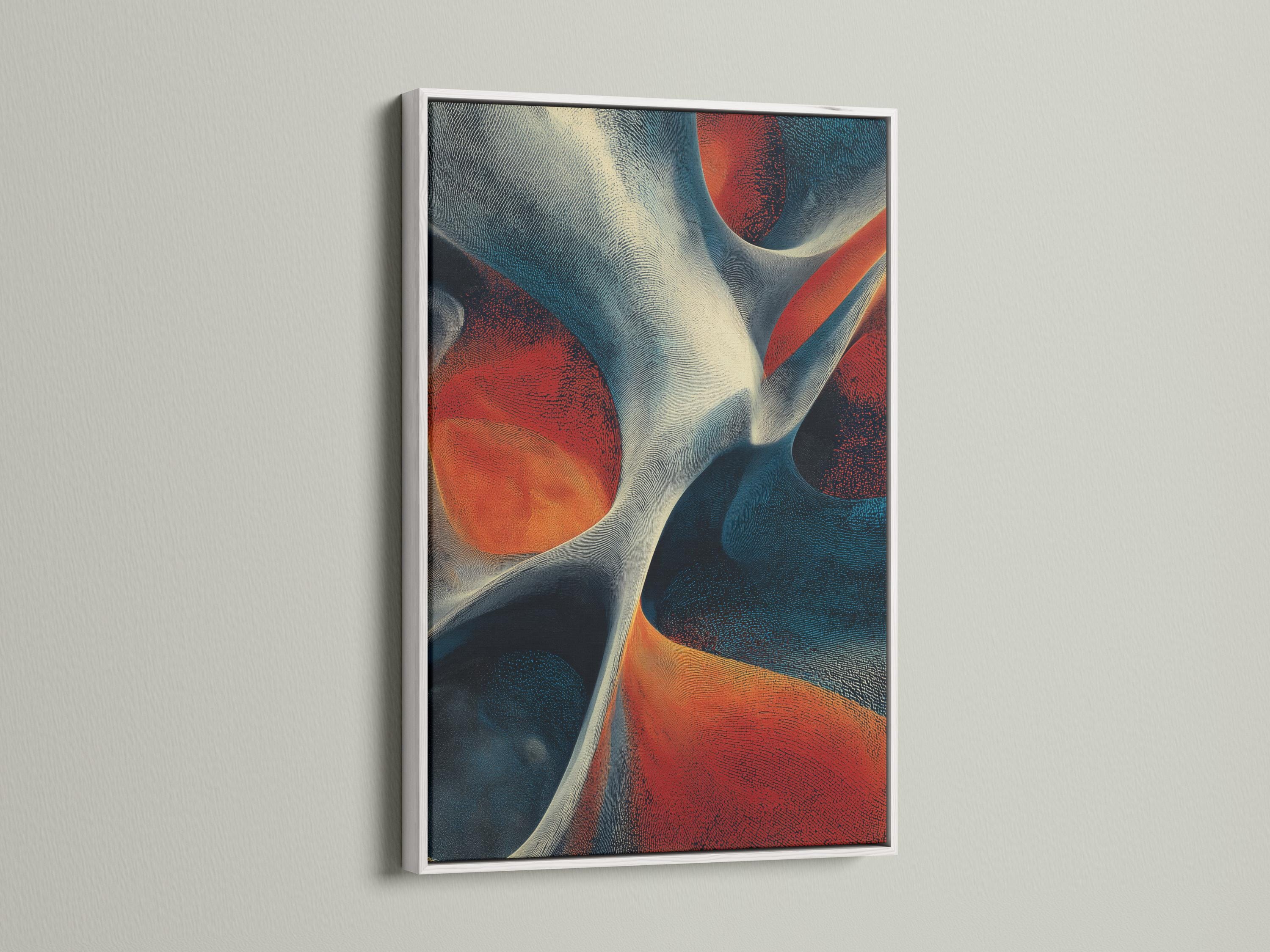 Abstract artwork with cream flowing curves and teal, navy, orange and red textured shapes detail view