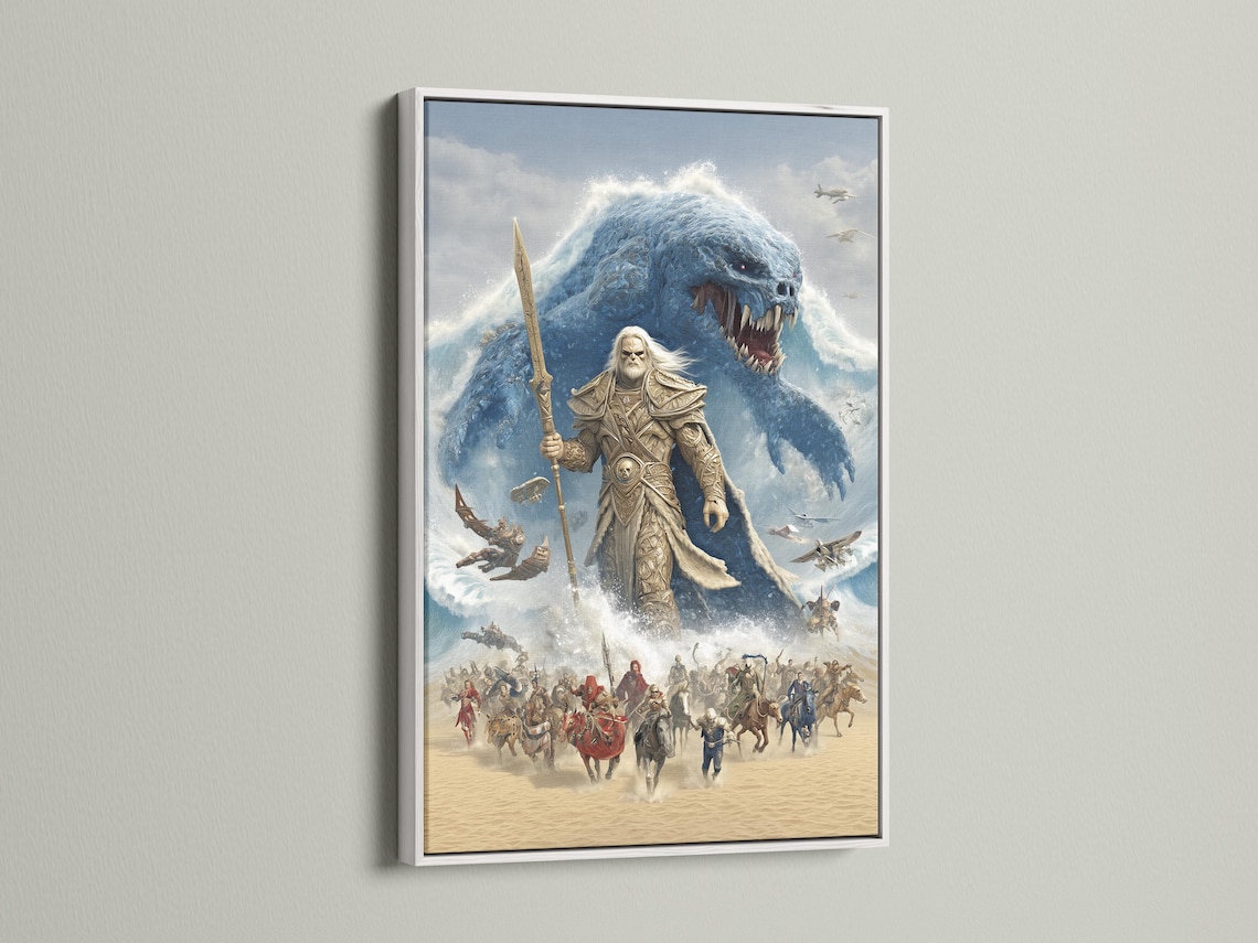 Blue sea monster lunging at a spear-wielding warrior in a stormy fantasy battle scene detail view