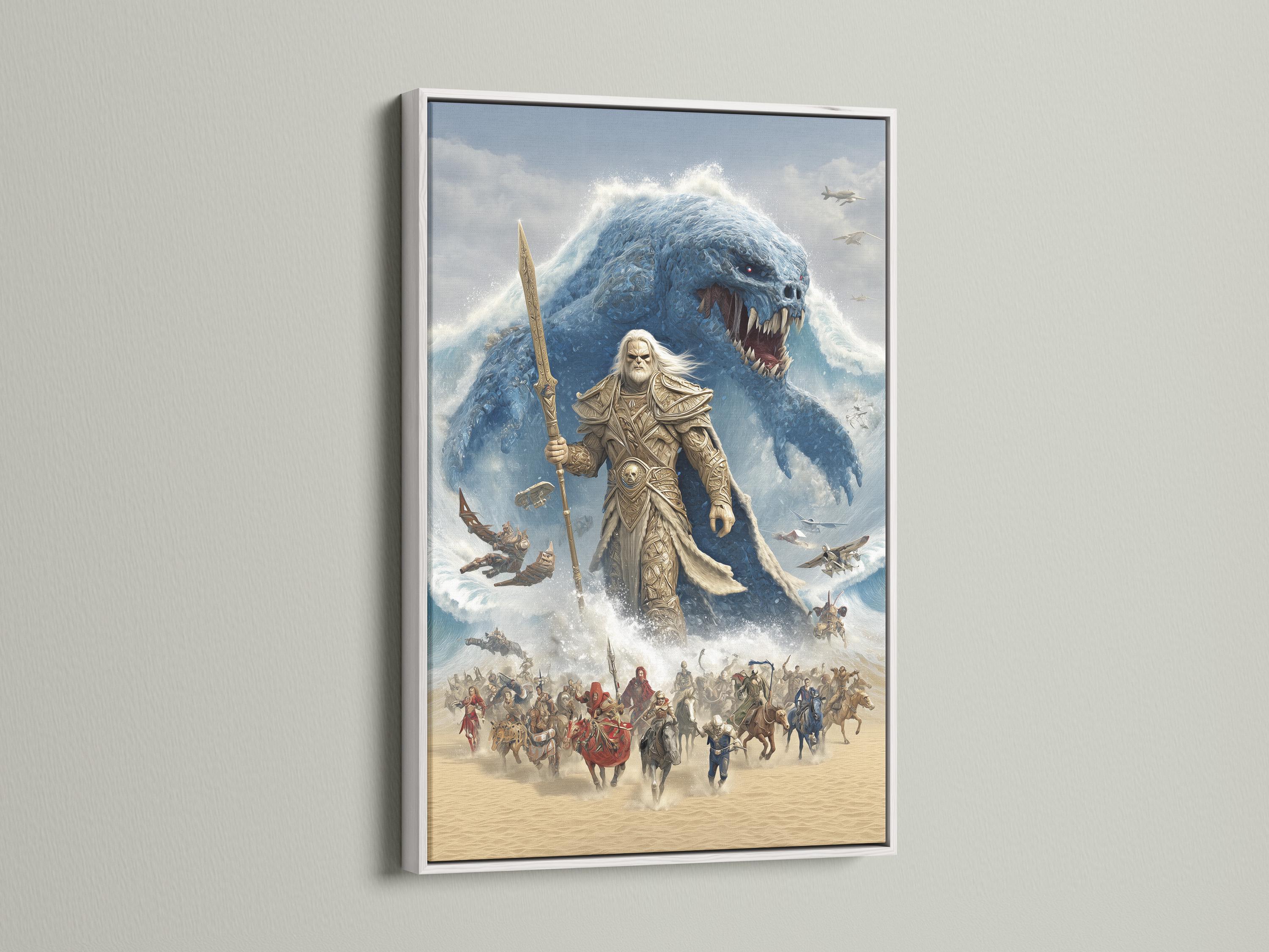 Blue sea monster lunging at a spear-wielding warrior in a stormy fantasy battle scene detail view