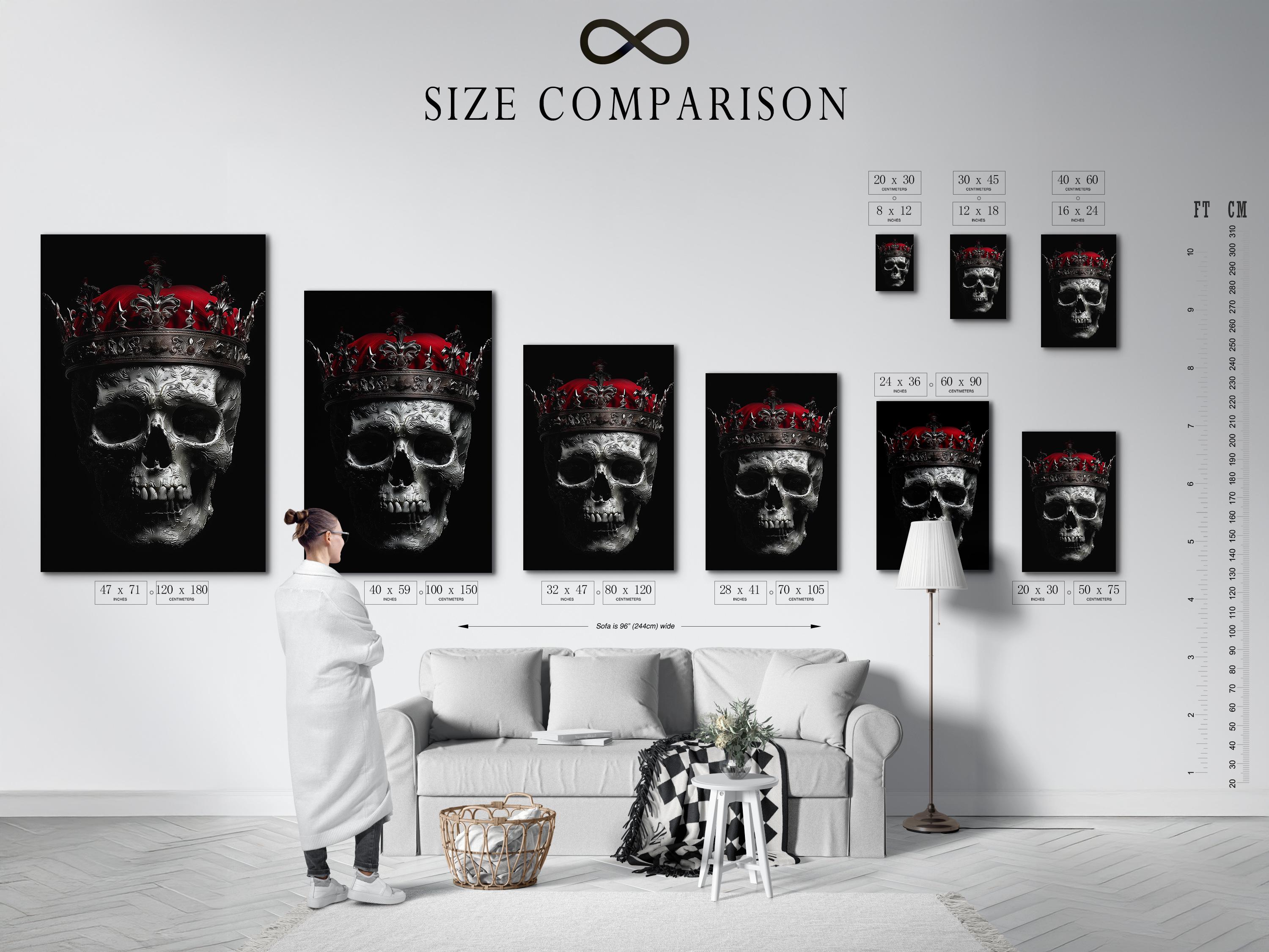 Dark gothic skull wall art mockup with ornate crown and red moon
