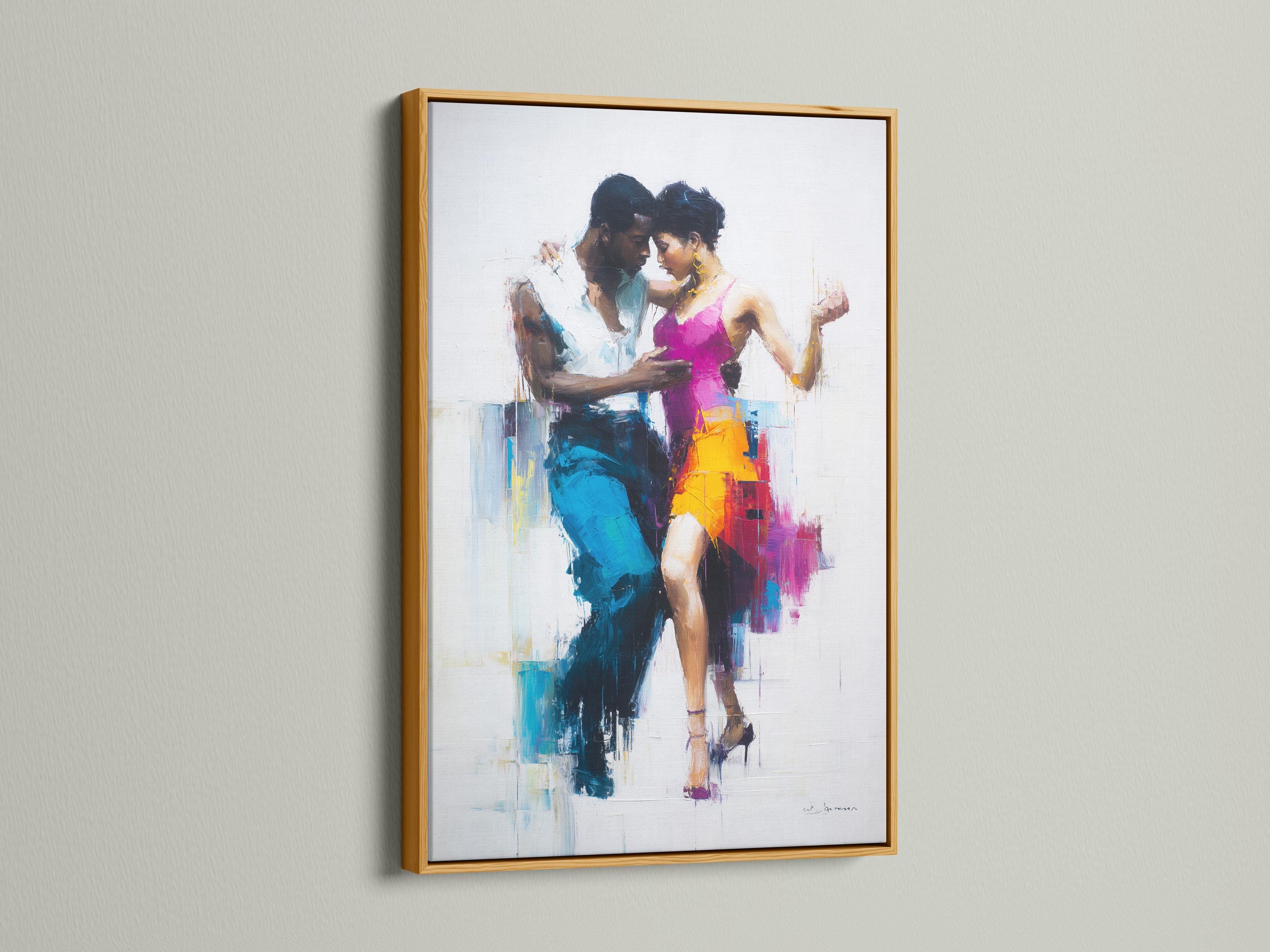 Abstract painterly dancing couple in hot pink and blue tones on a light background detail view