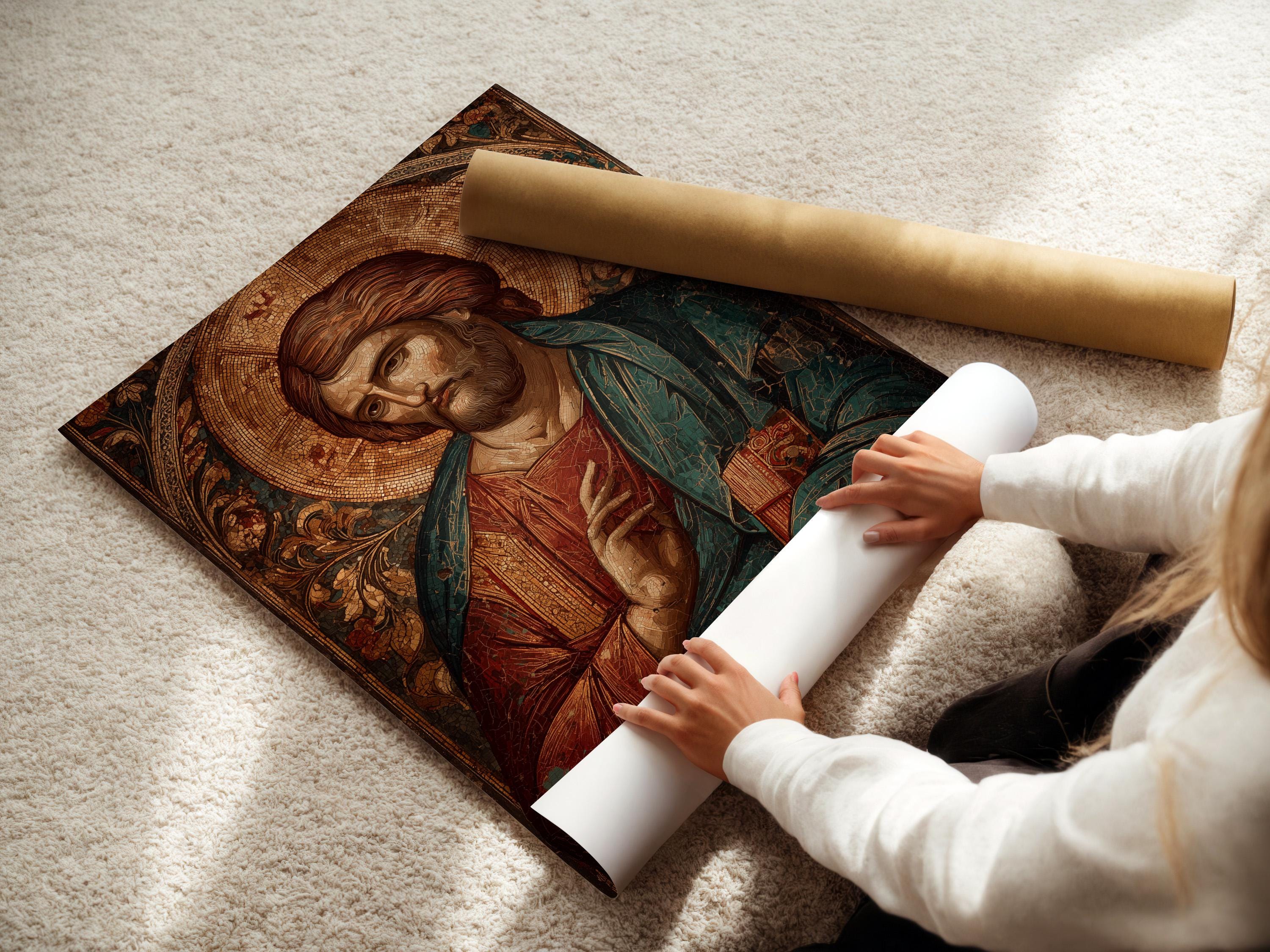 Jesus portrait religious artwork shown in a mockup with hanging options on the side