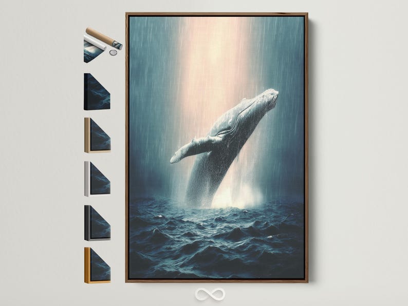 A breaching whale over choppy blue ocean waves with foamy spray and a misty pale sky