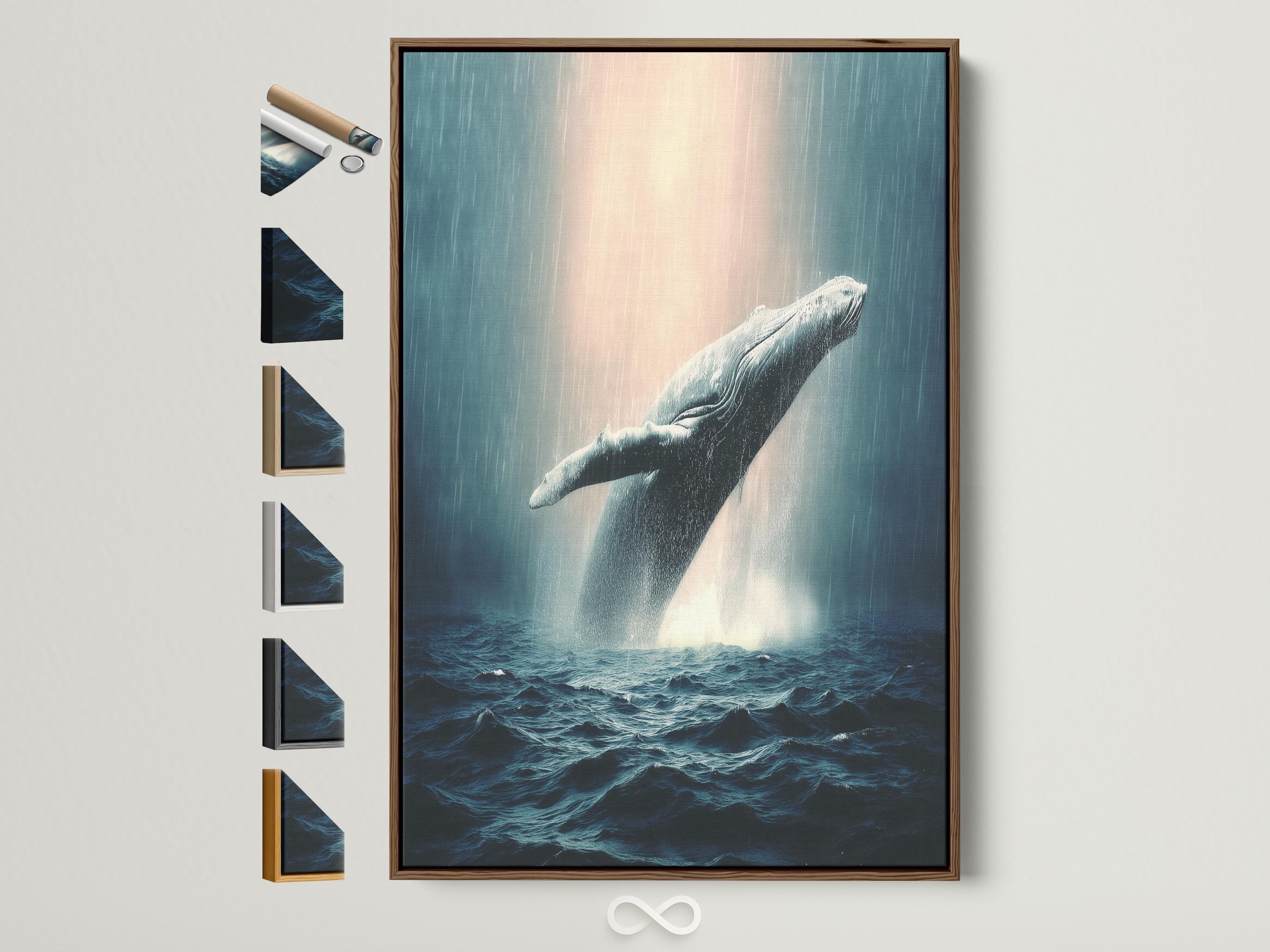 A breaching whale over choppy blue ocean waves with foamy spray and a misty pale sky