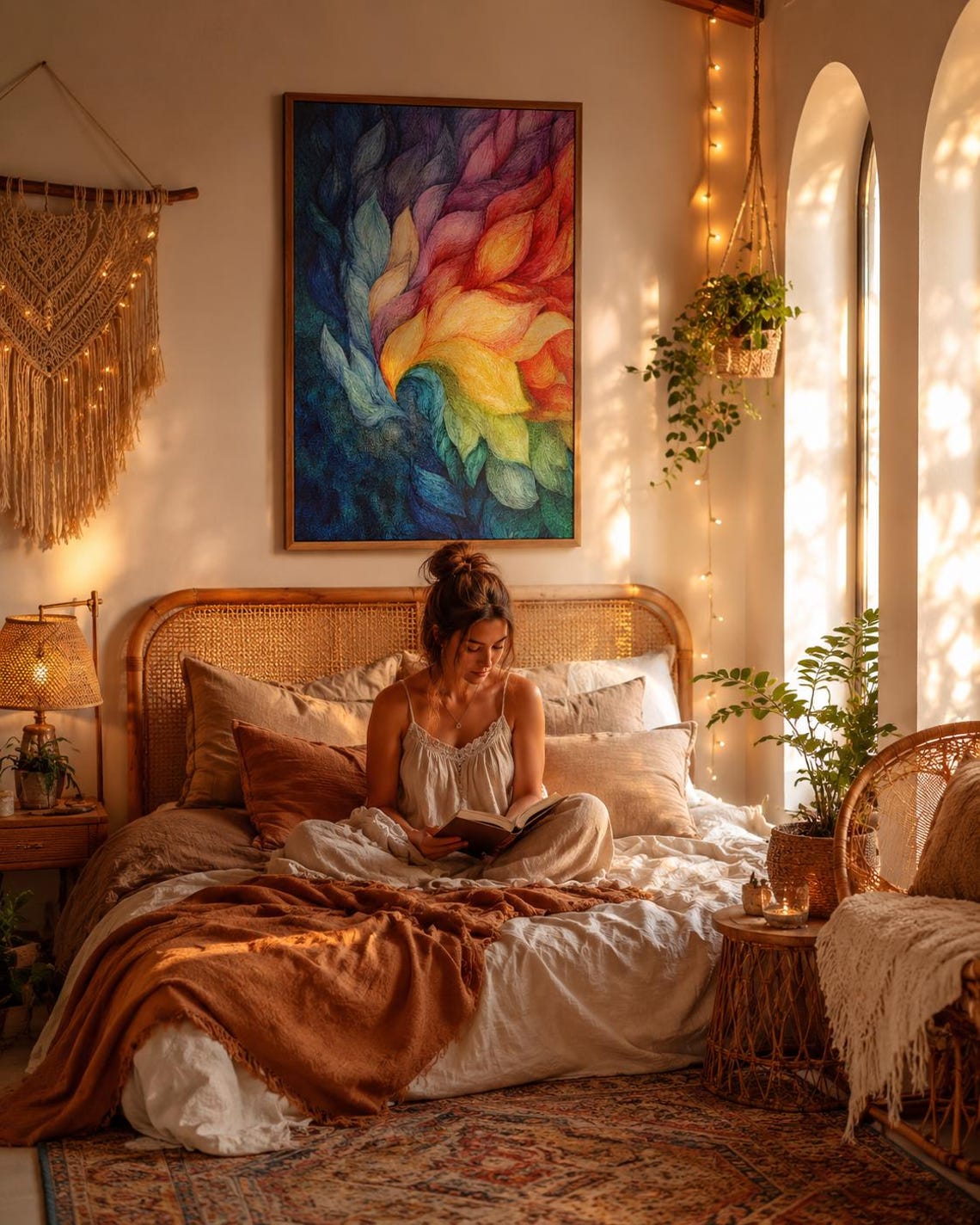 Person standing beside a framed rainbow abstract artwork in a bright room