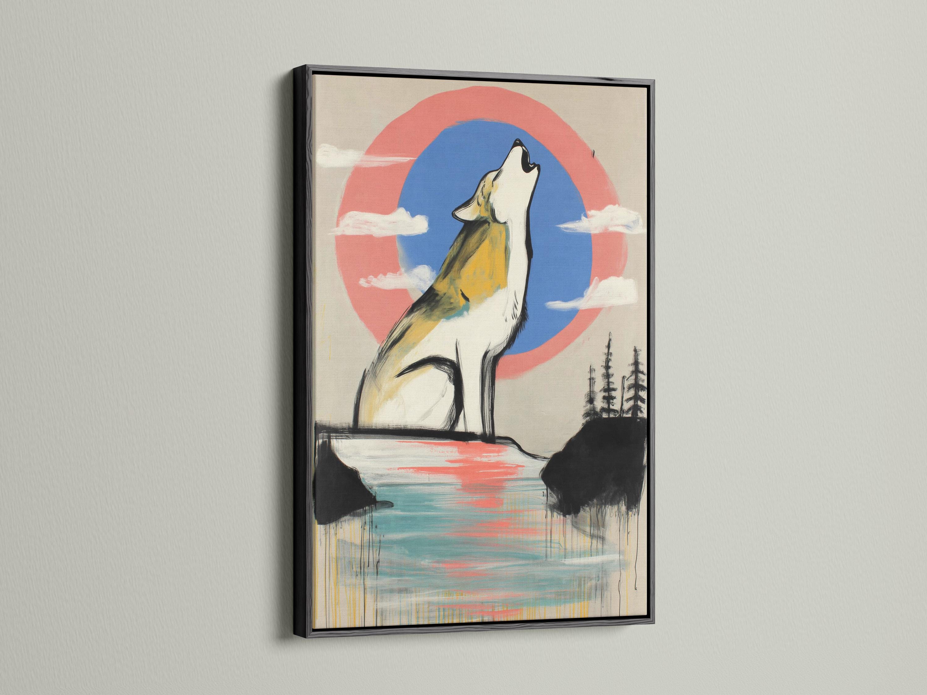 Stylised howling wolf in white and yellow with coral and blue sky circle and reflective lake detail view