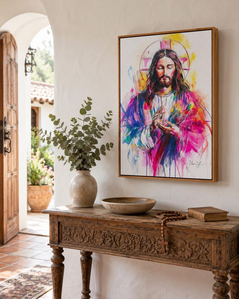 Jesus portrait with glowing halo in colourful painterly strokes