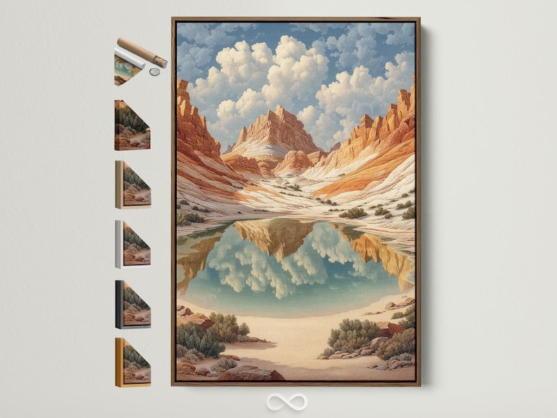Terracotta desert canyon landscape with reflective water and cream clouds in a light blue sky