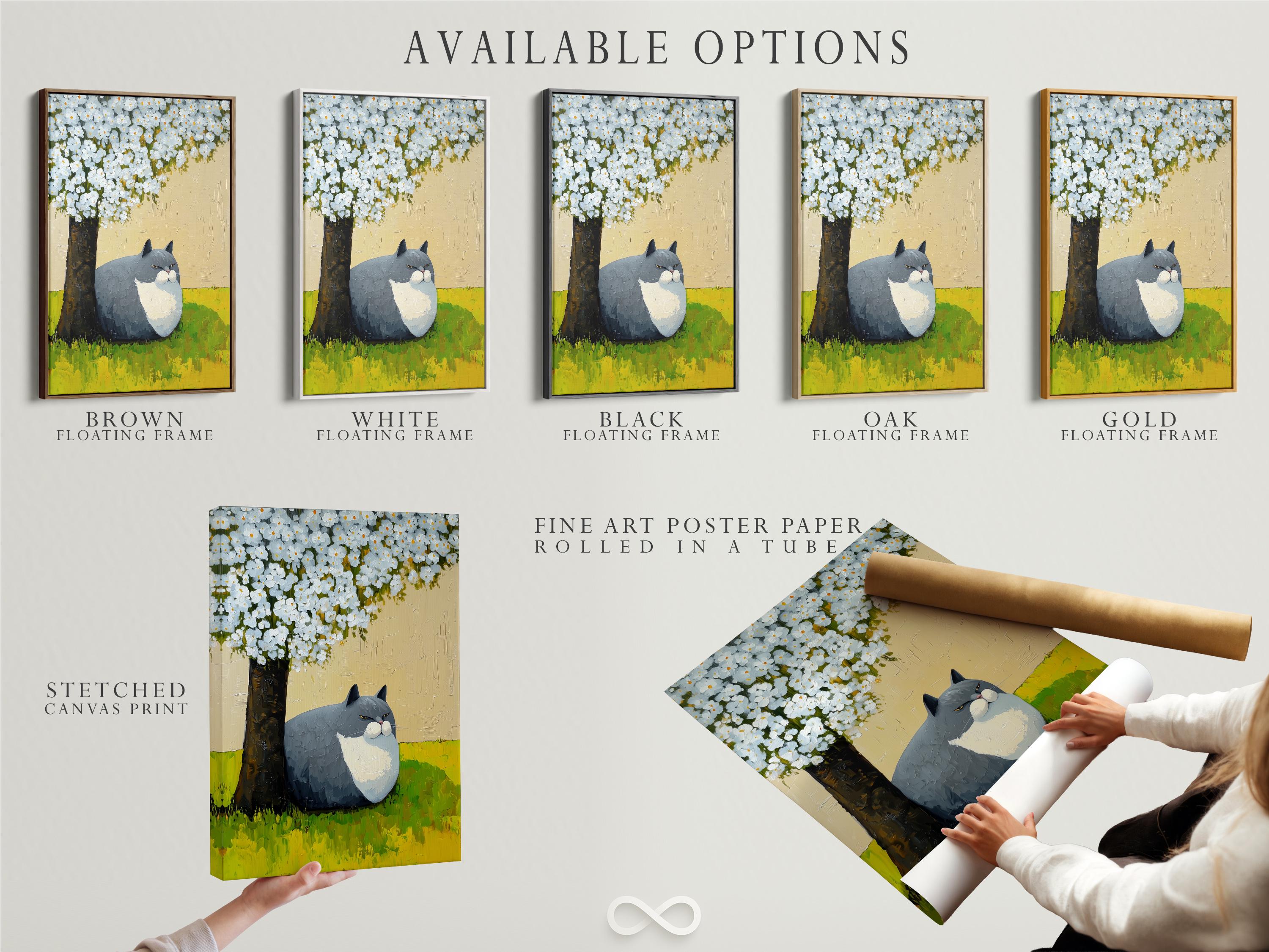 Grey and white cat lying on green grass beneath a tree with white blossoms detail view
