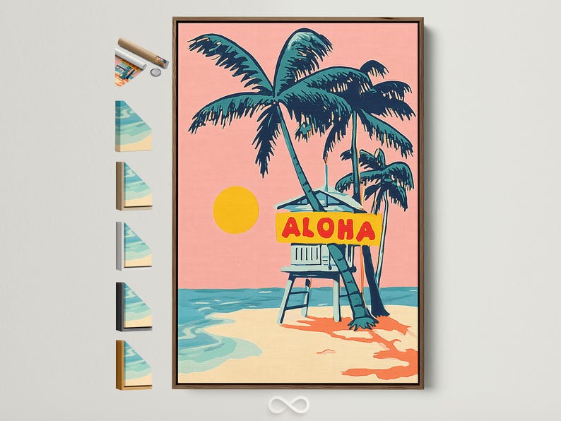 Retro tropical beach artwork with a palm tree, deck chair, ocean waves and ALOHA sign