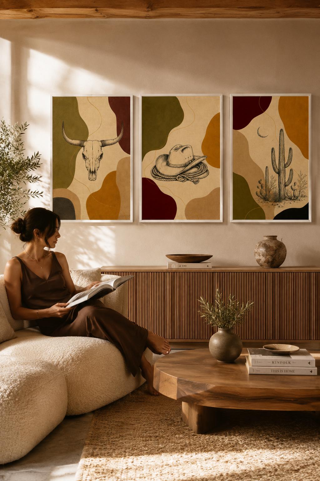 Western wall art set of three panels displayed above a wooden sideboard with decorative vases