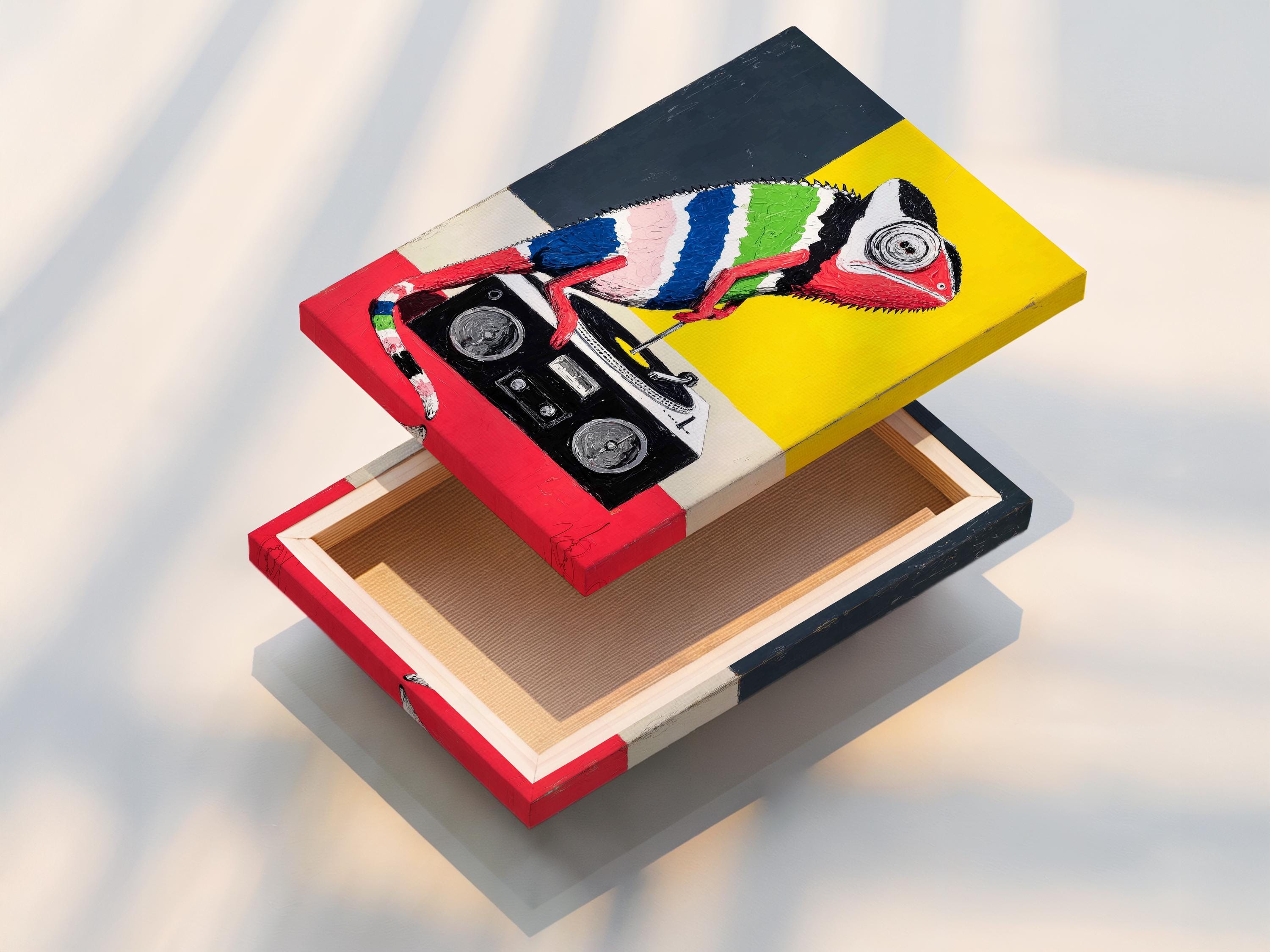 Pop-art chameleon DJ artwork with thick black outlines, bright yellow and red background blocks detail view