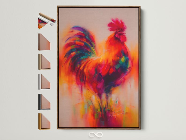A colourful painted rooster portrait with a red crest and rainbow feathers on a soft pink background