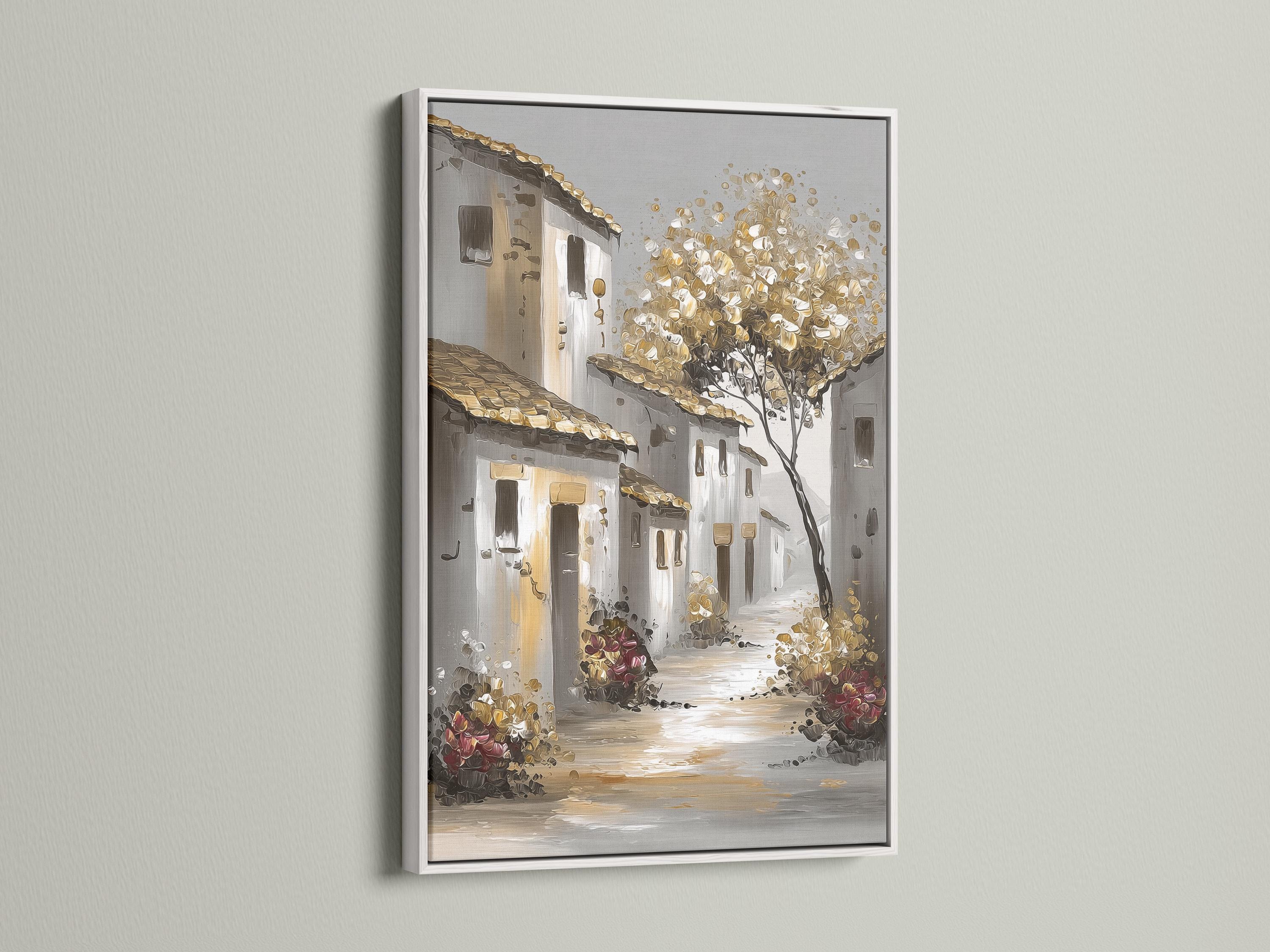 Pale village street scene with gold blossom clusters, tree branches and traditional buildings detail view