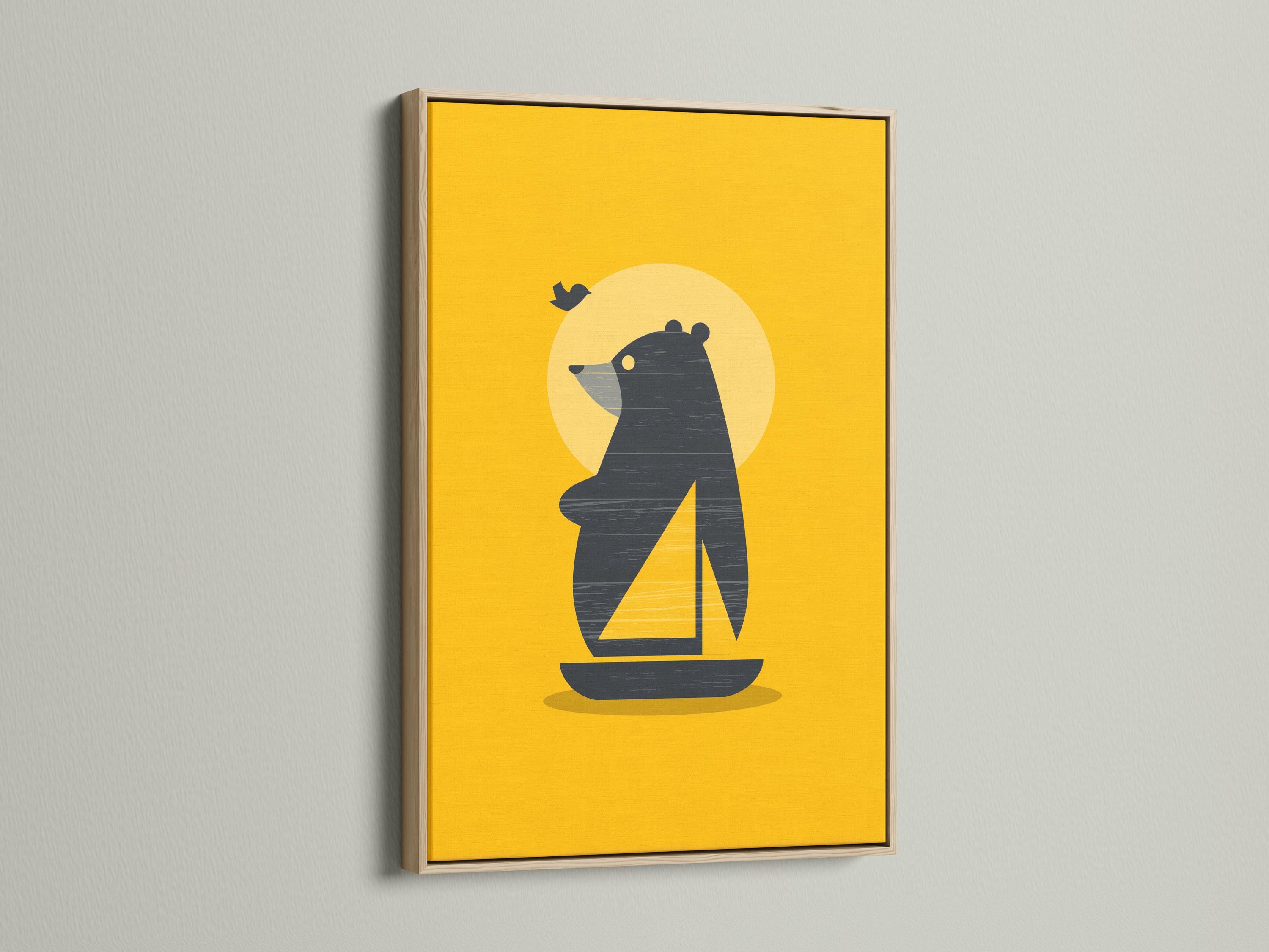 Room mockup showing a framed minimalist bear on a boat artwork on a yellow background