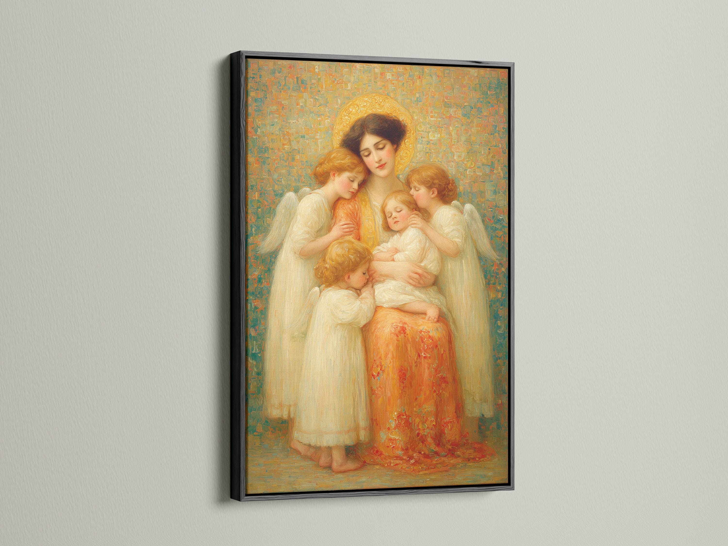 Painterly Madonna and Child scene with haloed angels and wings against a textured green-gold background detail view