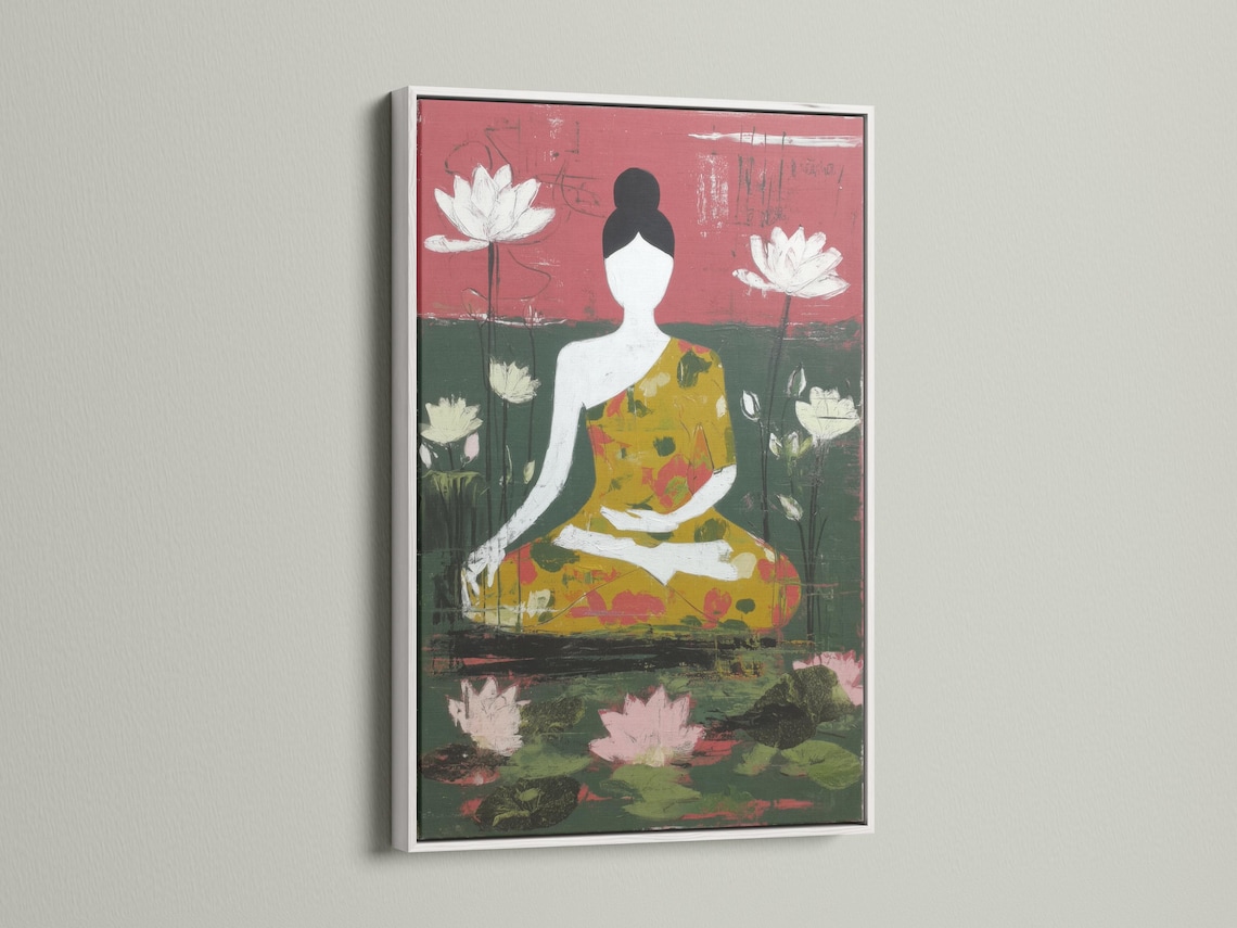 Stylised seated figure surrounded by white lotus flowers with rose pink and green textured background detail view