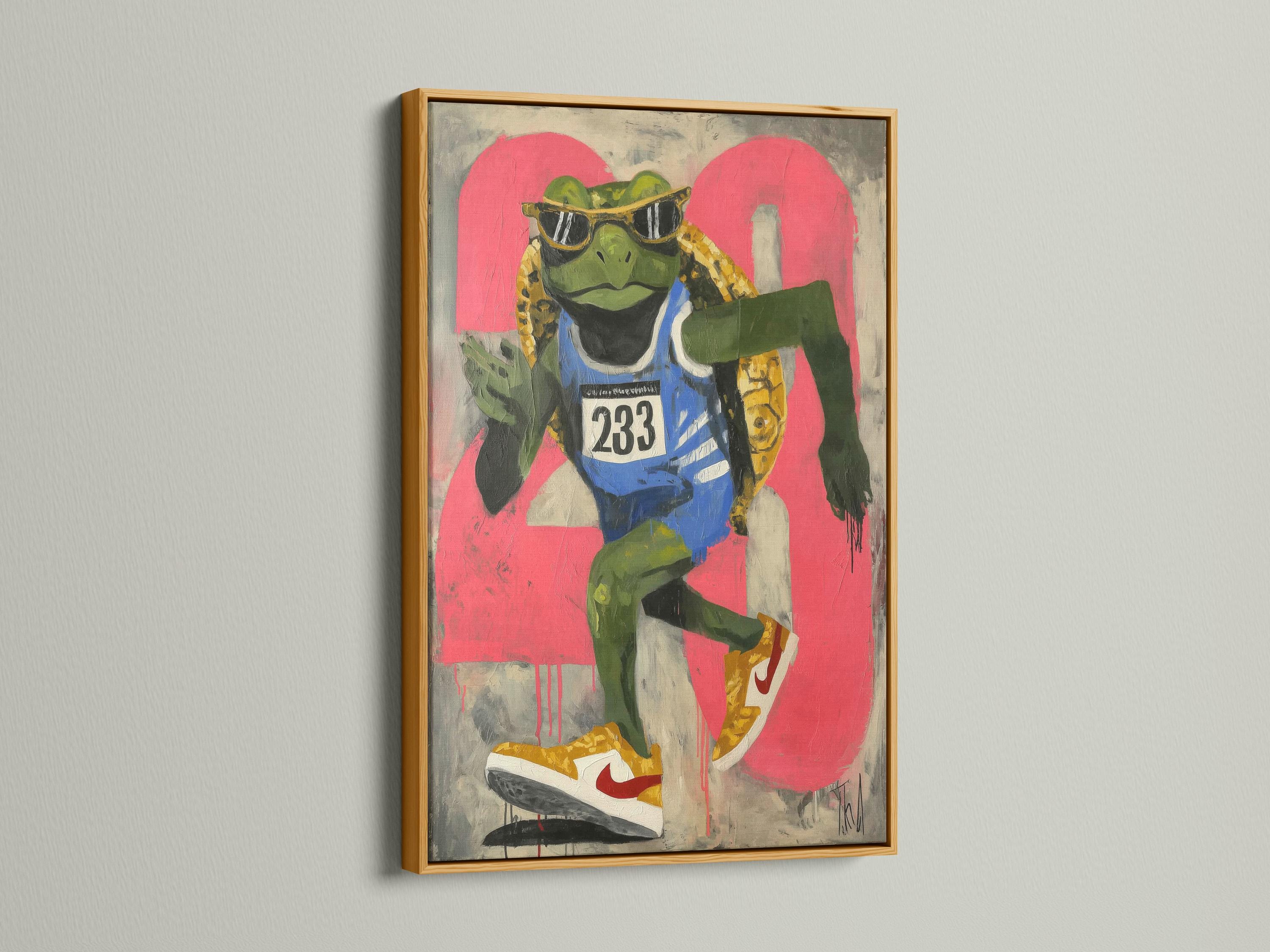 Hot pink graffiti-style runner turtle wearing black sunglasses and a “233” race bib detail view