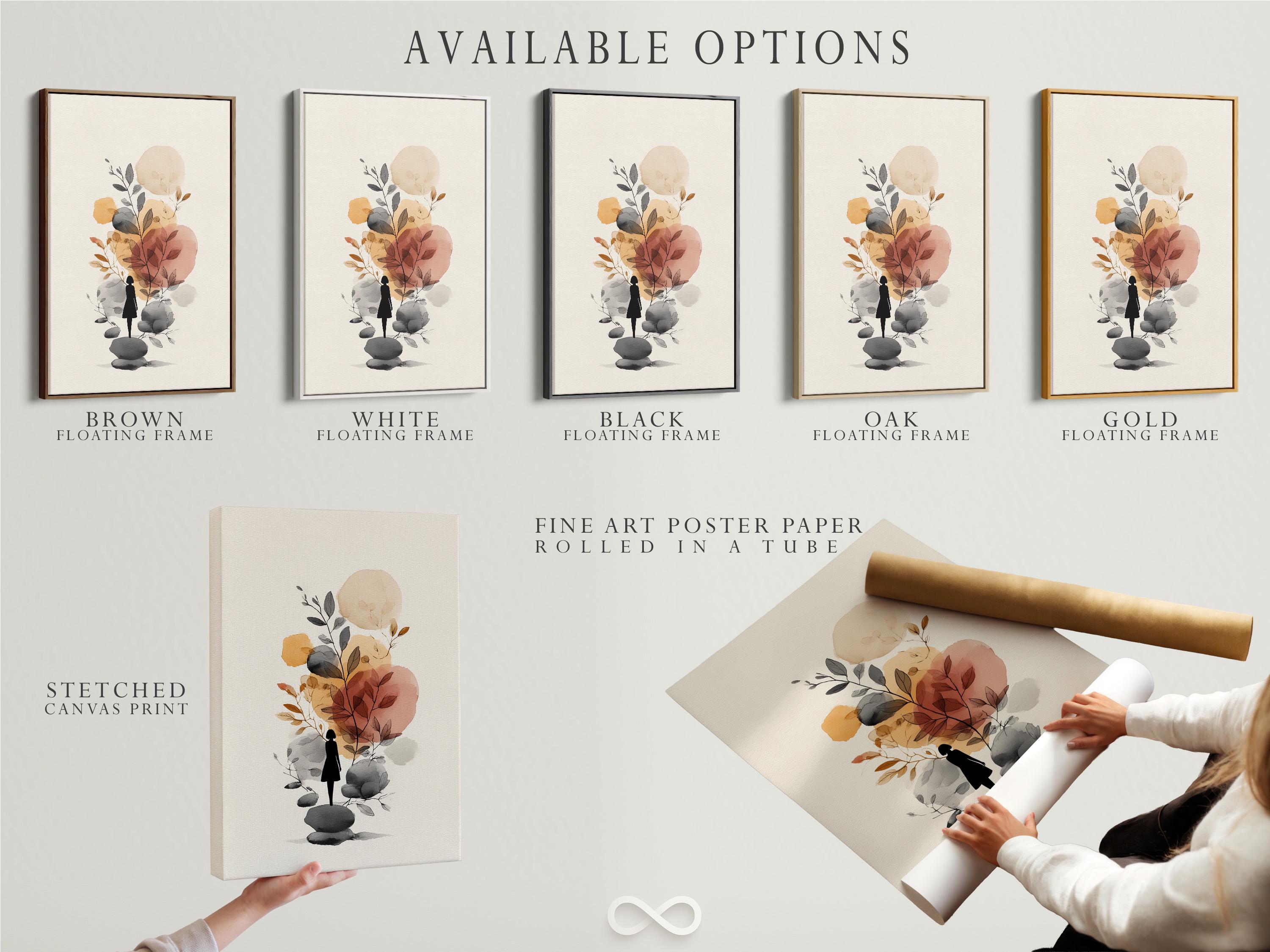 Minimalist botanical illustration with a woman silhouette, leaves, and rounded stones in neutral tones detail view