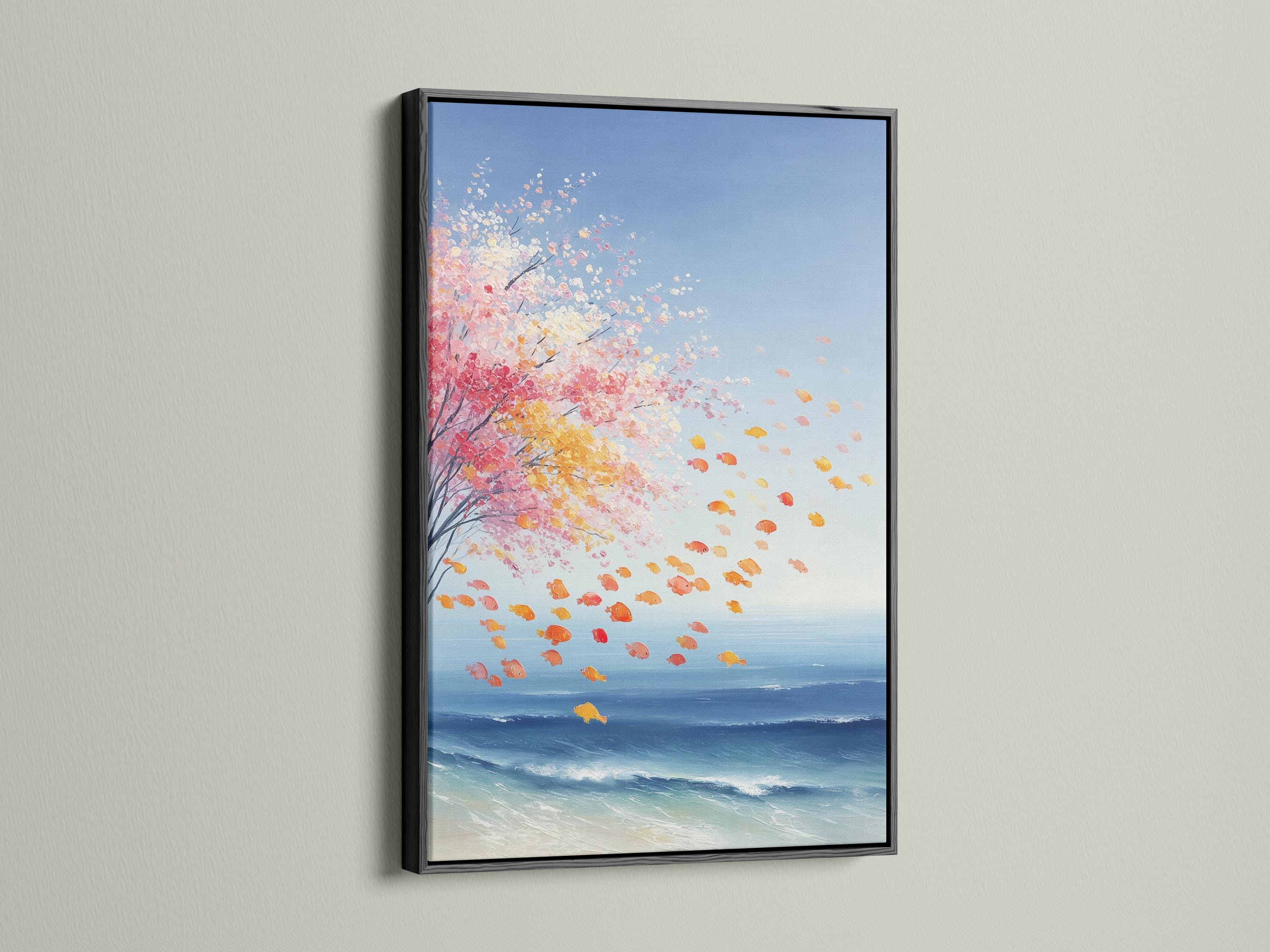 Room mockup showing a framed coastal seascape artwork with pink blossom petals and blue ocean