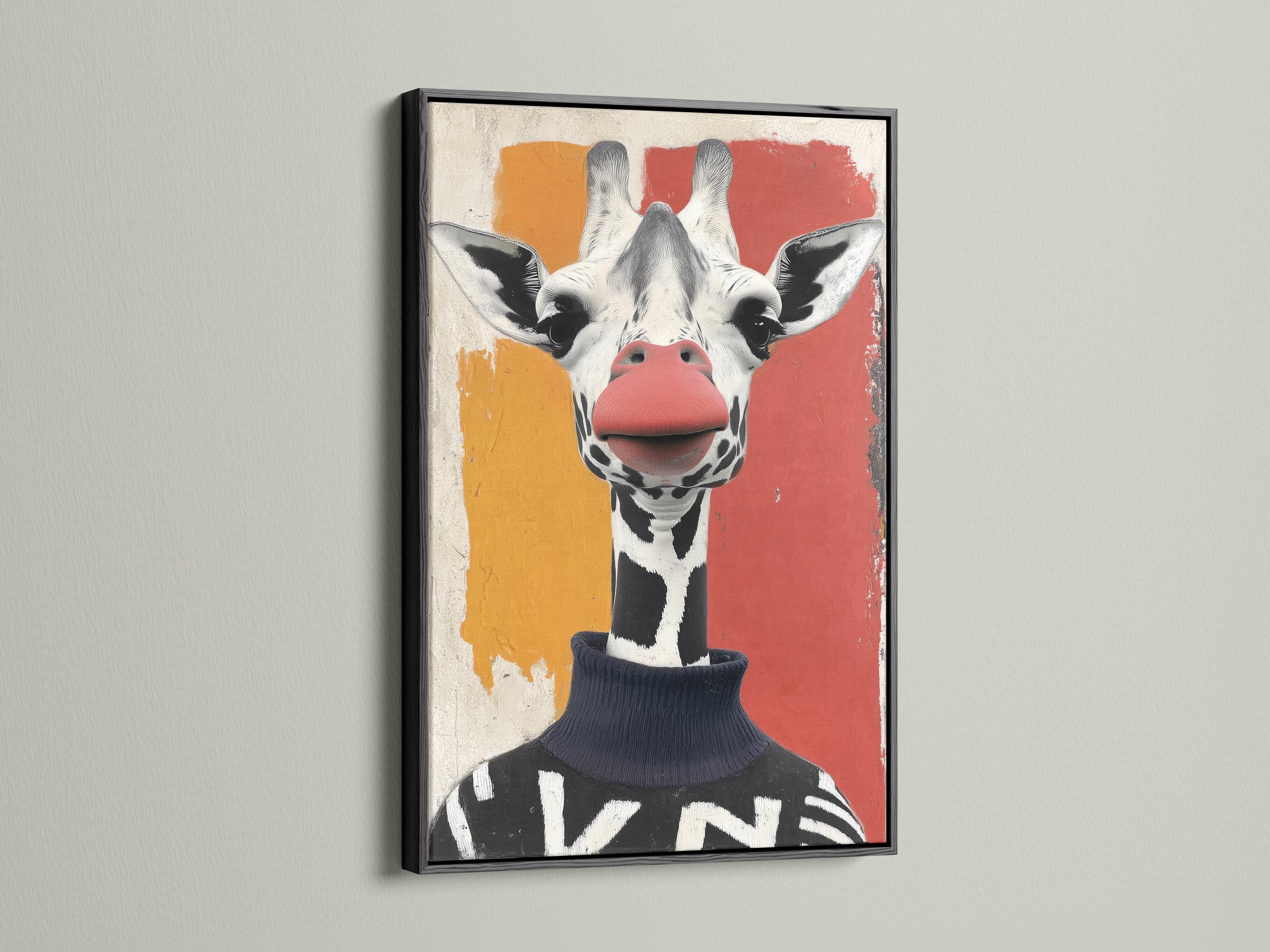 Stylised giraffe portrait with a red nose and black-and-white spots on a textured off-white background detail view