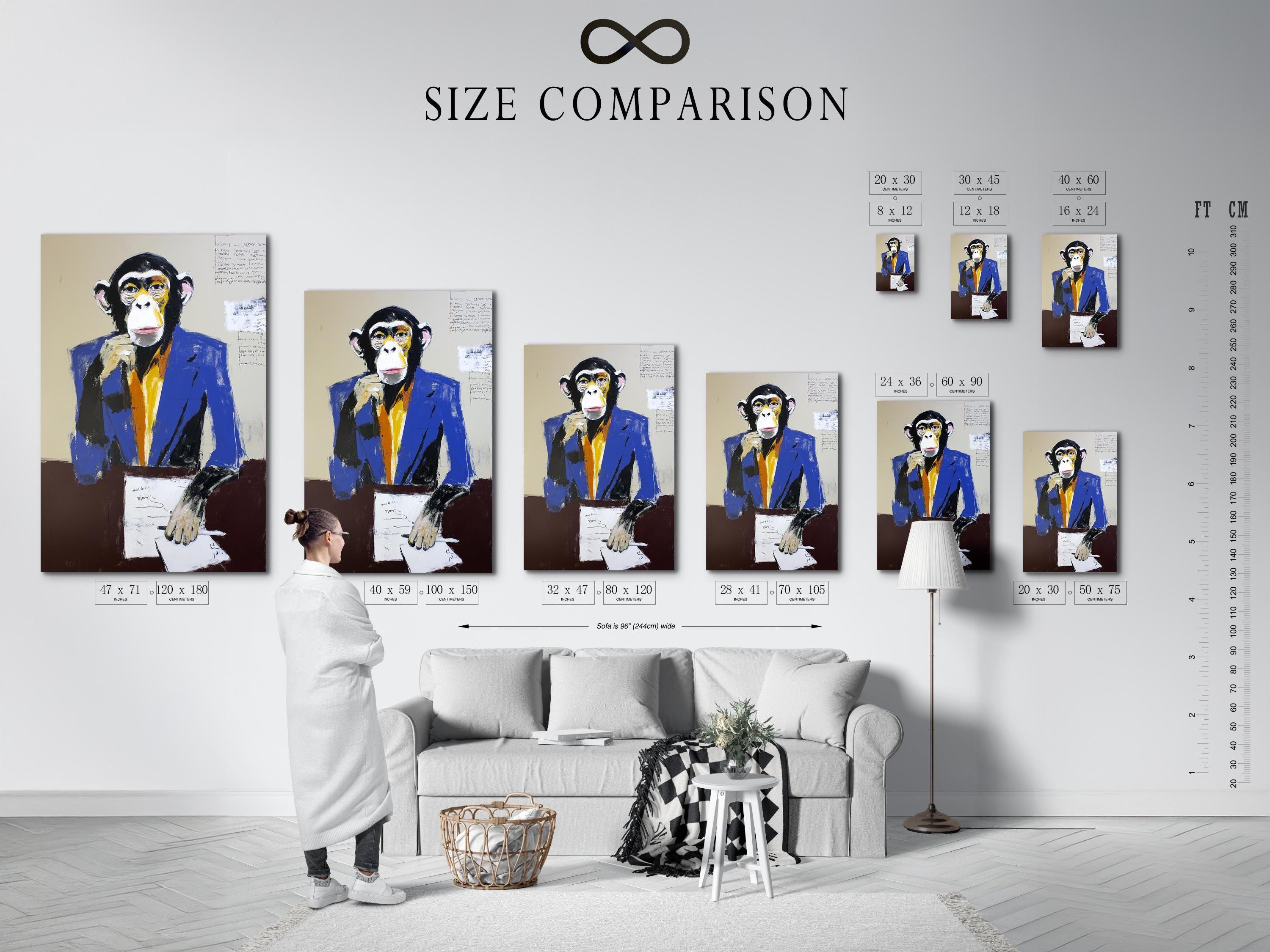 Stylised monkey portrait in a blue suit holding papers with faint scribbles detail view