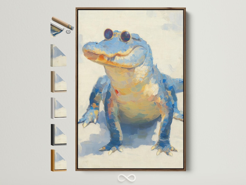Blue alligator illustration wearing round sunglasses on a cream textured background