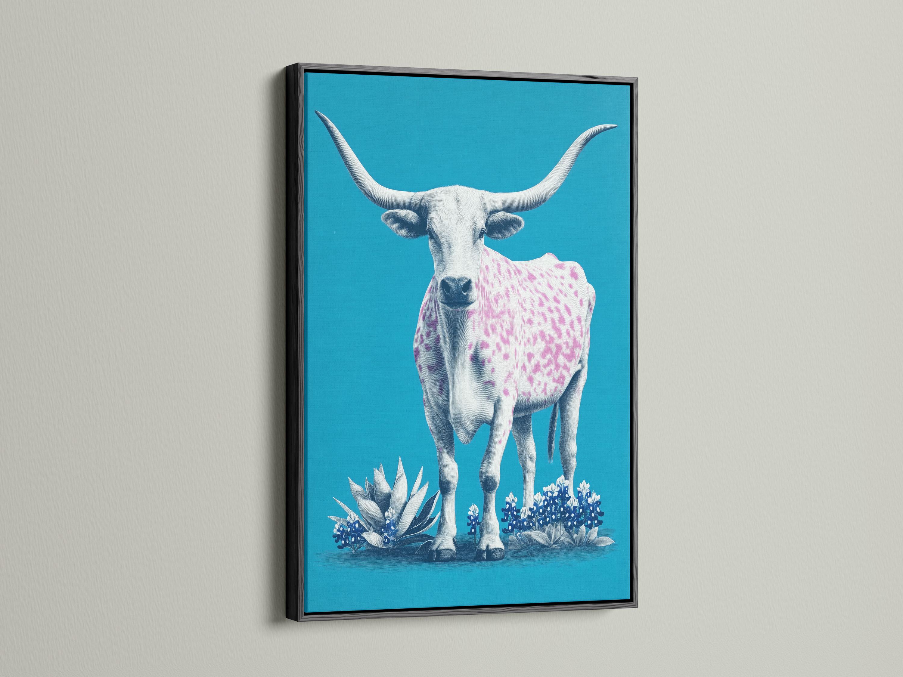 Illustration of a white longhorn cow with pink spots and blue flowers on a turquoise background detail view