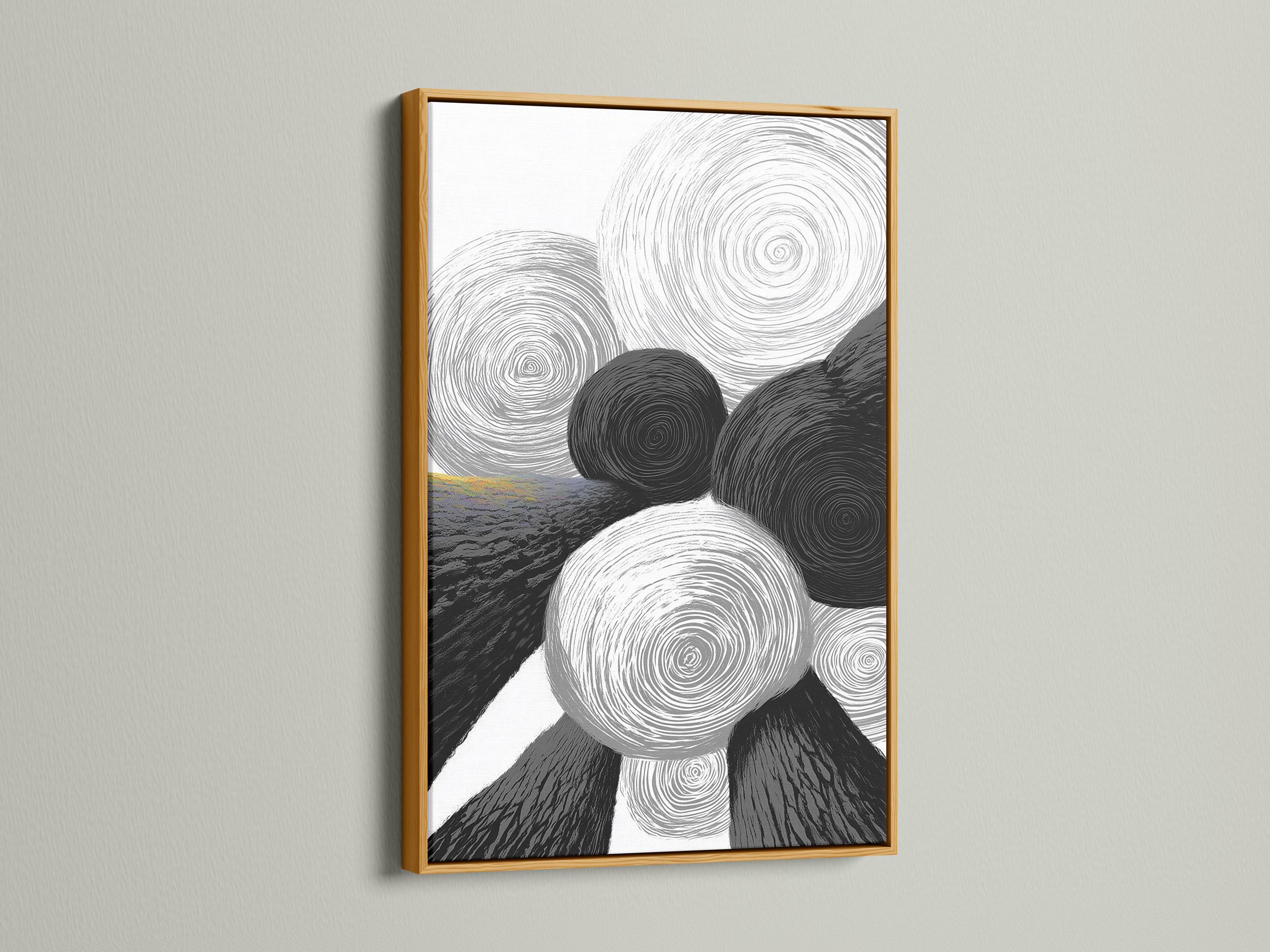 Monochrome abstract artwork with overlapping swirling rings in black, white and grey detail view