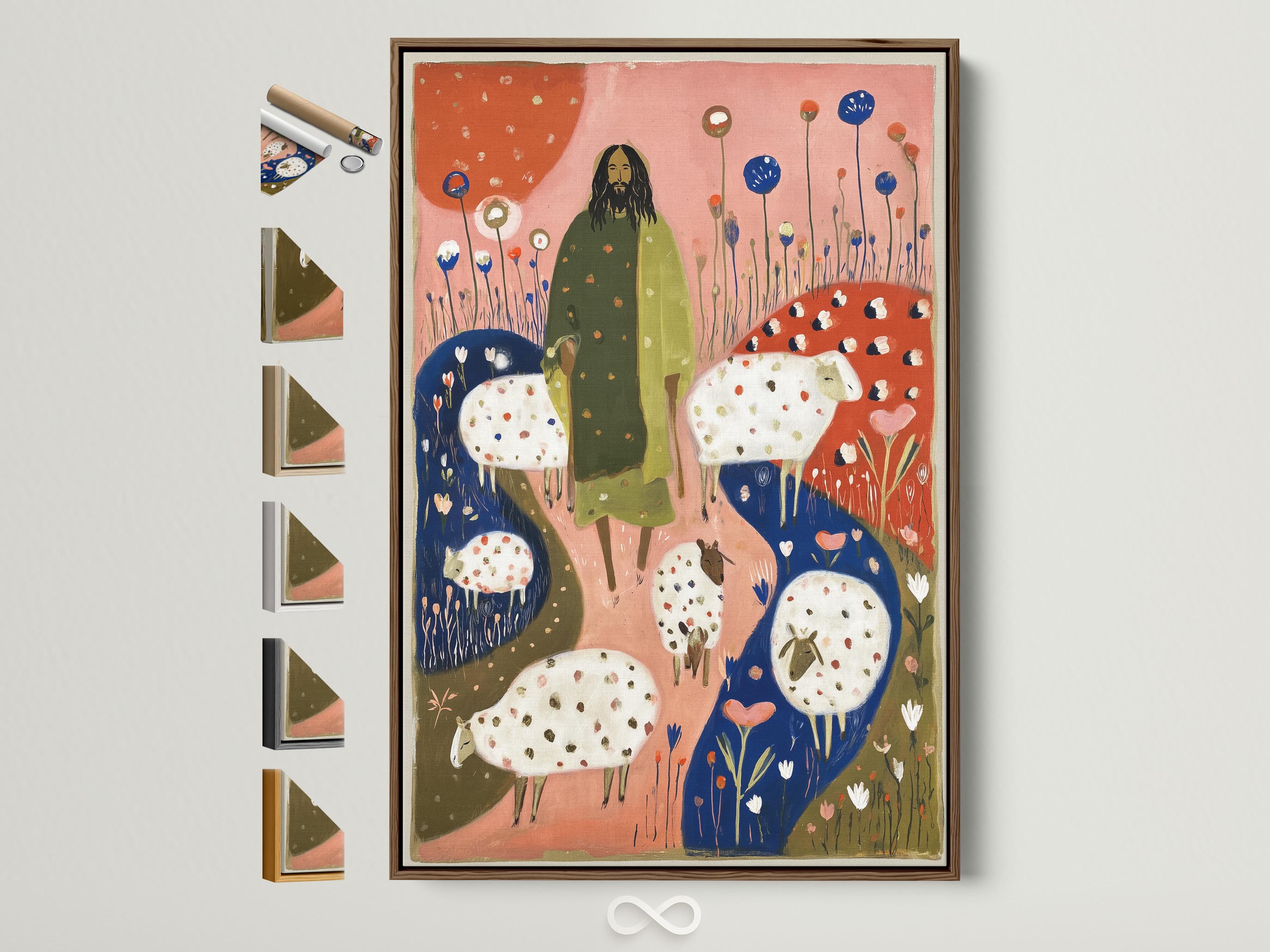 Folk-art illustration of a robed figure standing with spotted sheep in a field of blue flowers detail view