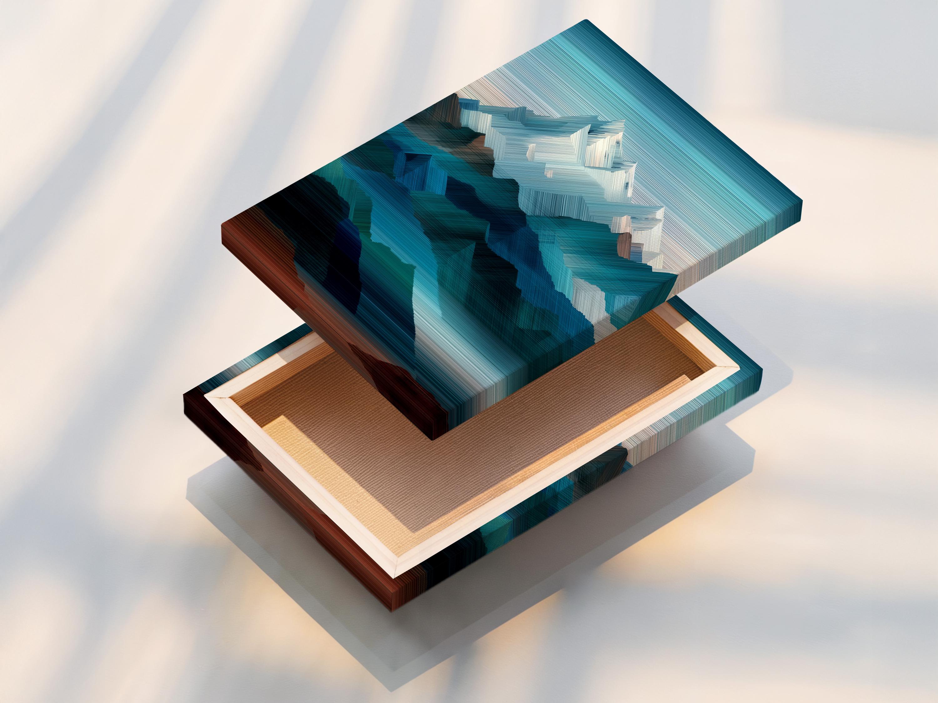 Abstract geometric mountainscape artwork with teal, navy and white peaks detail view