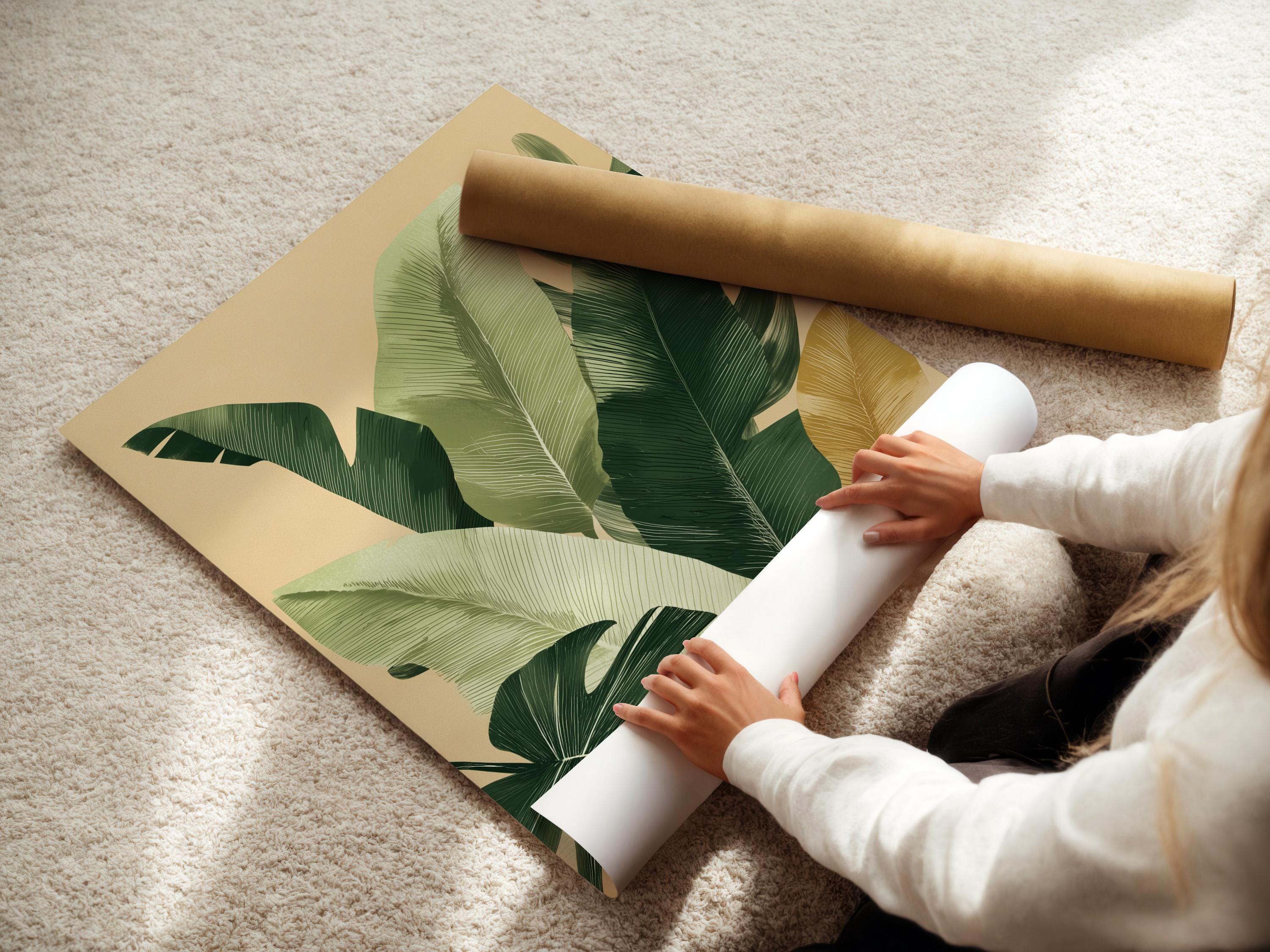 Botanical leaf artwork shown on a framed wall display with additional product views around it