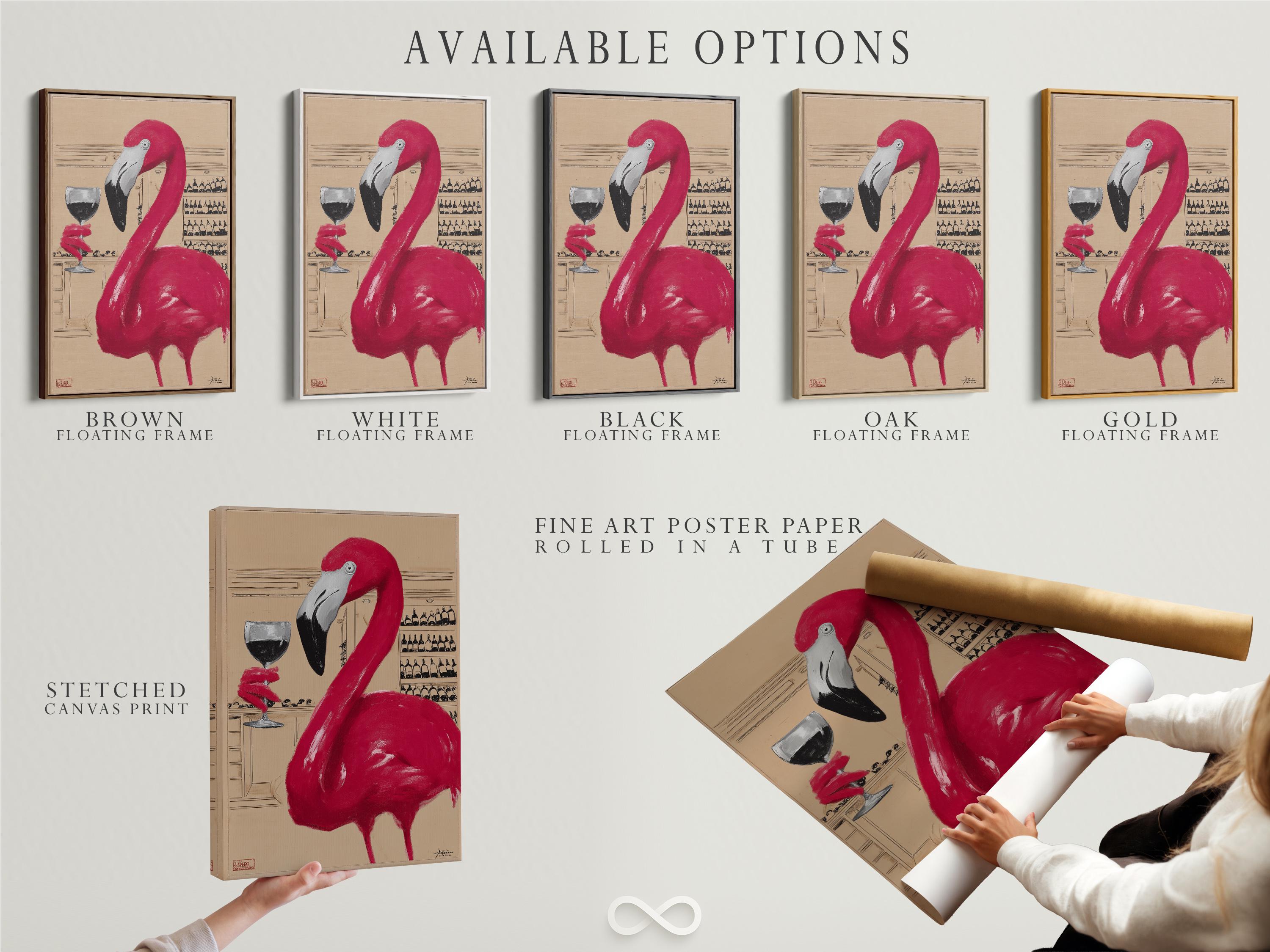 A pink flamingo in a beige bar scene with a wine glass and shelves of bottles detail view