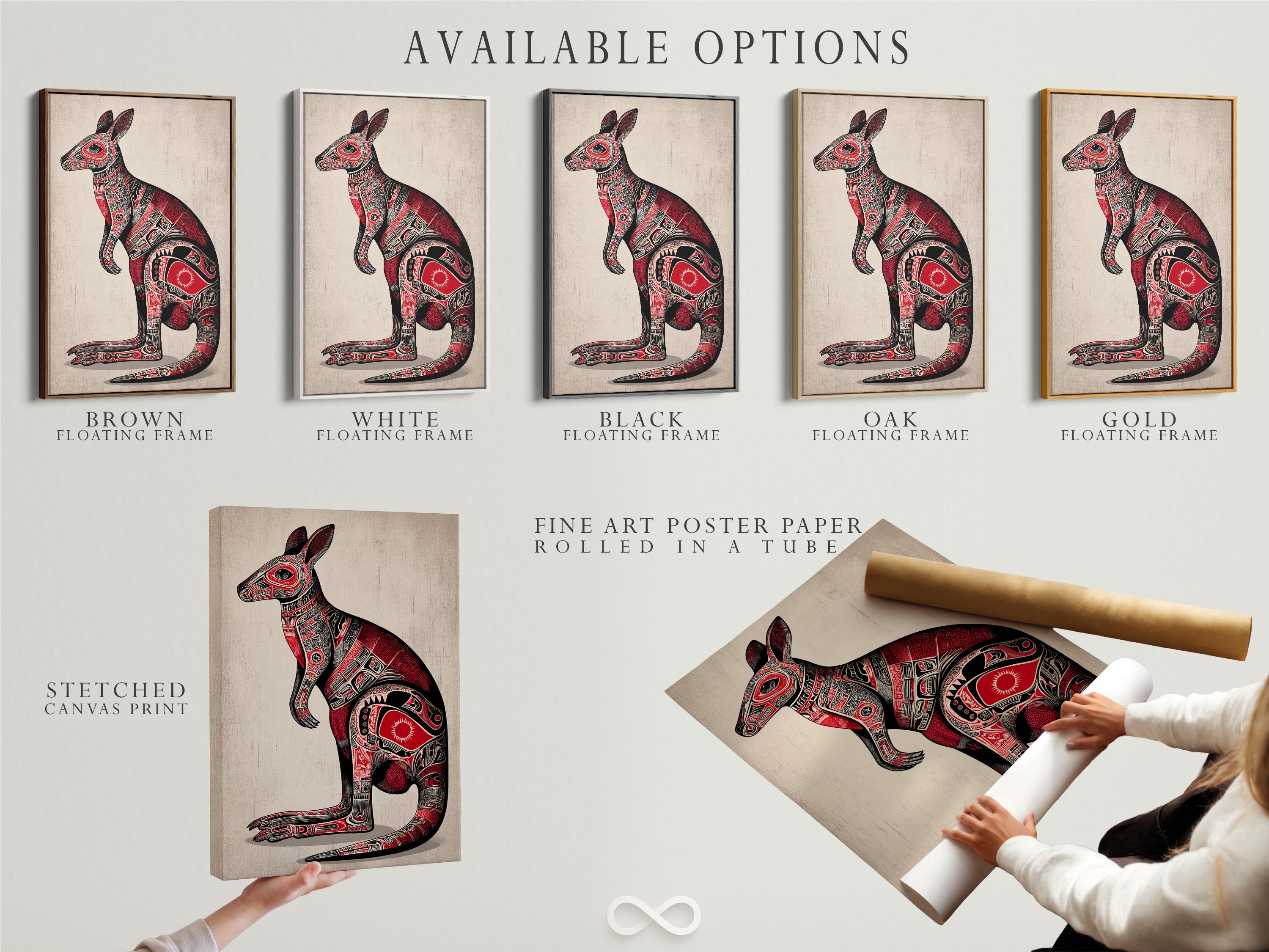 Stylised kangaroo illustration in black and red with detailed tribal patterns detail view